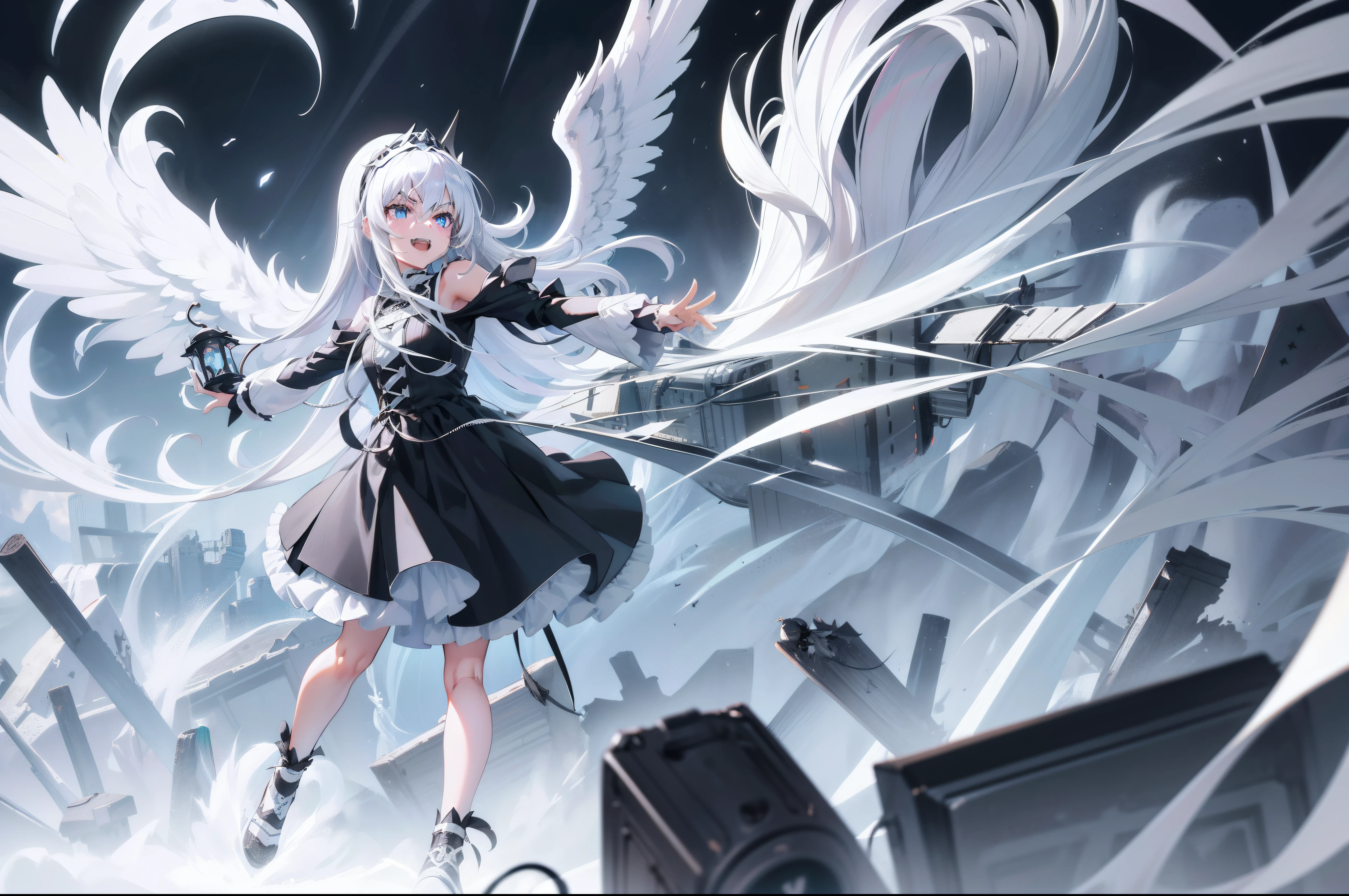 Silver-gray hair，long whitr hair，teens girl，Two black headbands，Black wings，Two white horns，Evil laughter，Light blue eyes，Black and white dress，holding a lantern，Pristine wind，4K，The background is a tornado