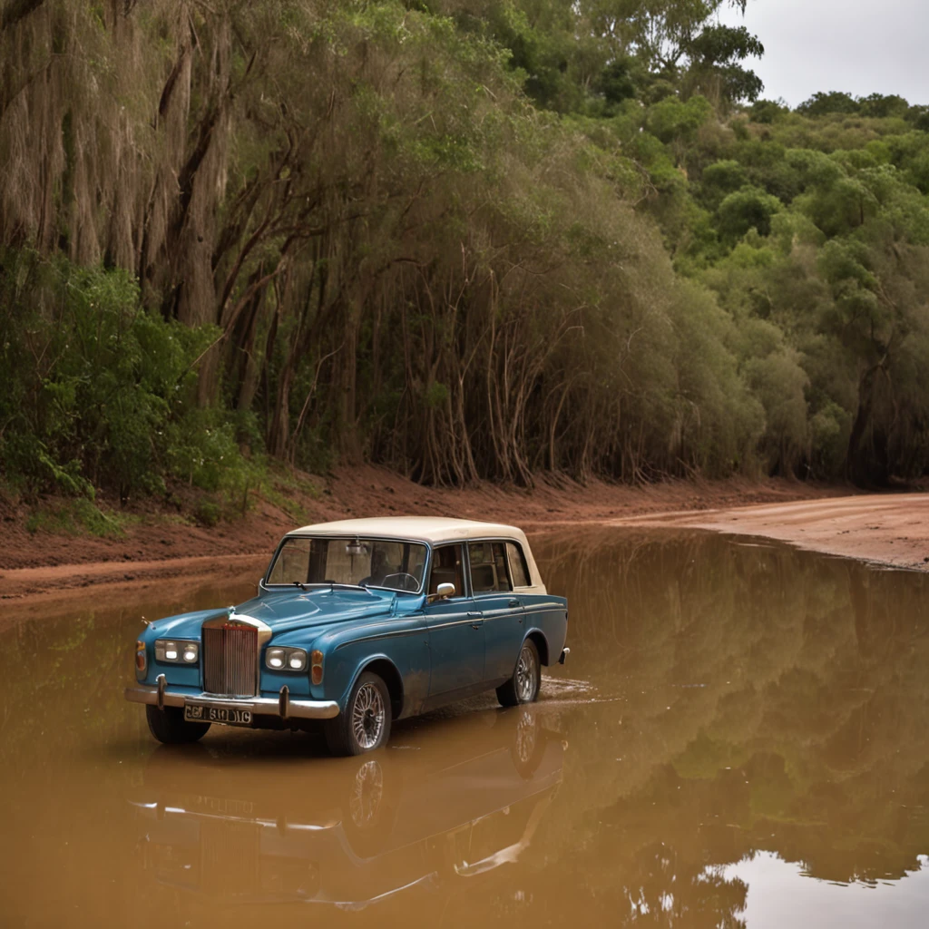 a car on a road very close to a swamp and 1 meter from the water of the swamp , cheio de jacares . com a boca aberta ao redor do carro, jacares e crocodilos