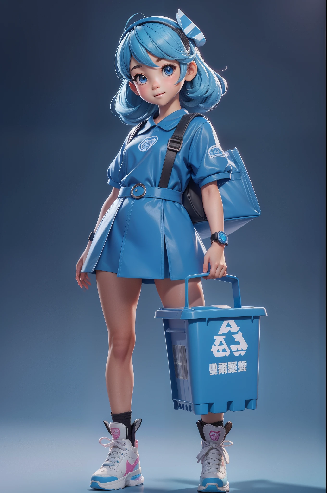 【Enhance shoe details】cute female ，Recyclables，Recyclable bins（personification）（human figures）（3D stereoscopic）（The color scheme is mainly the blue color of the recyclable bin）（Cute style illustration）Cute comic book style，Anime art concept art, Official illustration[Three-dimensional feeling][Lovely wind][Card ventilation][真实感]