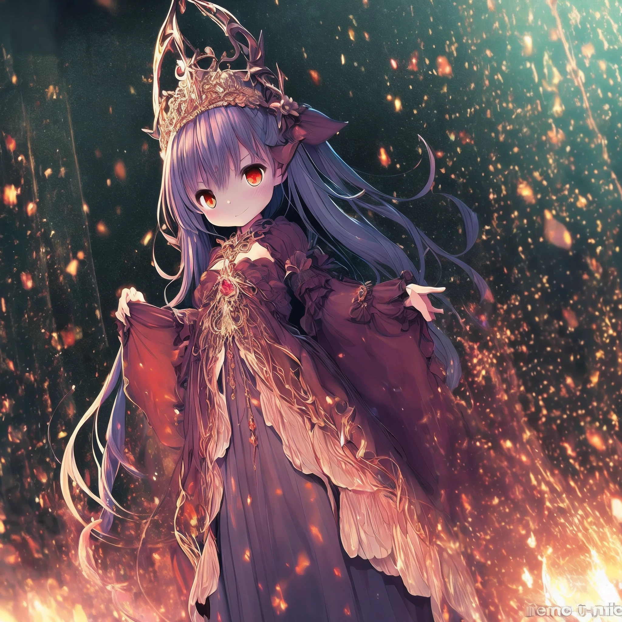 (obra maestra) (La mejor calidad) In a dark room of a strange reddish mist and golden sparks emerges a beautiful and beautiful witch of demonic appearance and great magical powers. Her hair is being lifted upward by a mysterious wind.