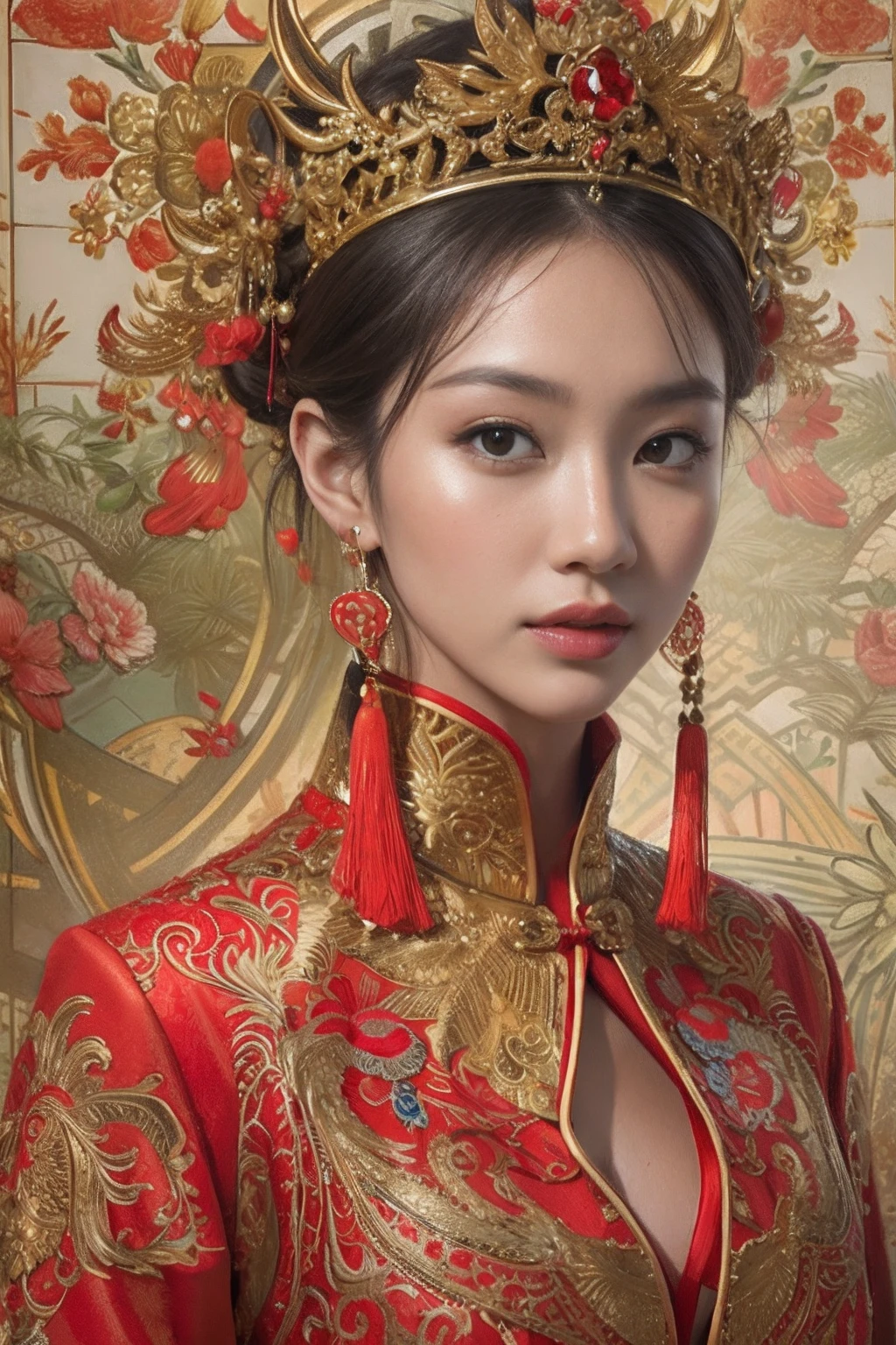 A woman in a red and gold Chinese dress,Phoenix crown,a chinese wedding,(tmasterpiece,top Quority,best qualtiy,offcial art,Beauty and aesthetics:1.2),(1girll:1.3),The is very detailed,(s fractal art:1.1),Most detailed,( zentangle:1.2), full bodyesbian, (abstract backgrounds:1.3), (Shiny skin), (many color:1.4), ,(Earrings), (feater:1.5),