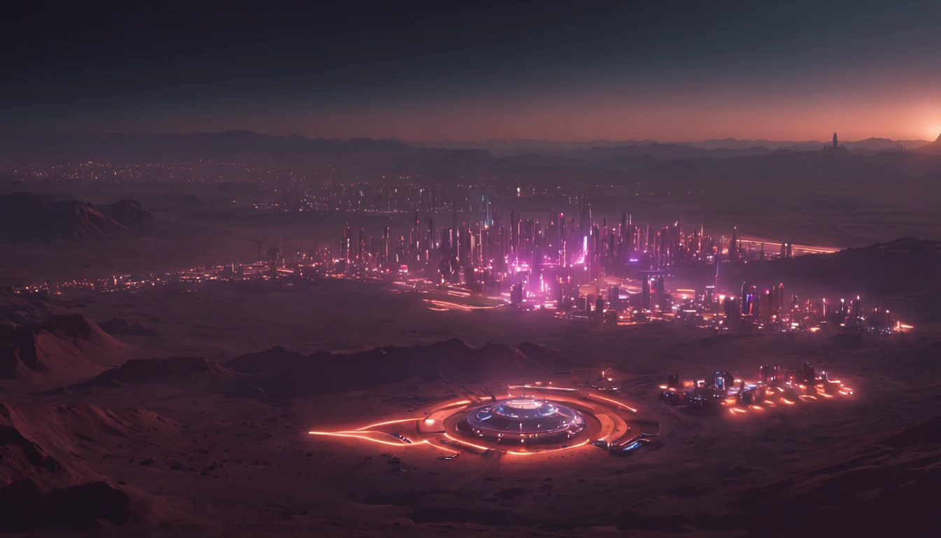 Cyberpunk city on the Tuopia Planitia, on Mars, night, view from afar, neon lights
