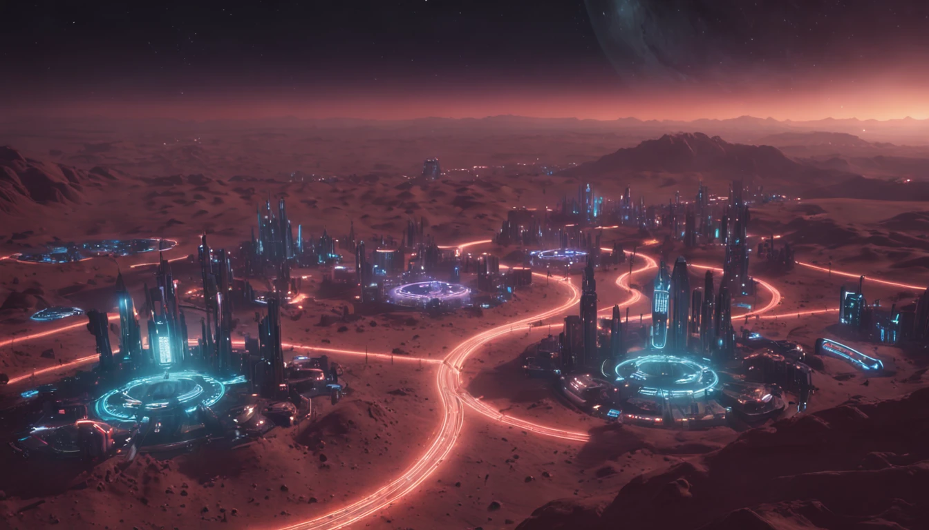 Cyberpunk city on the Tuopia Planitia, on Mars, night, view from afar, neon lights