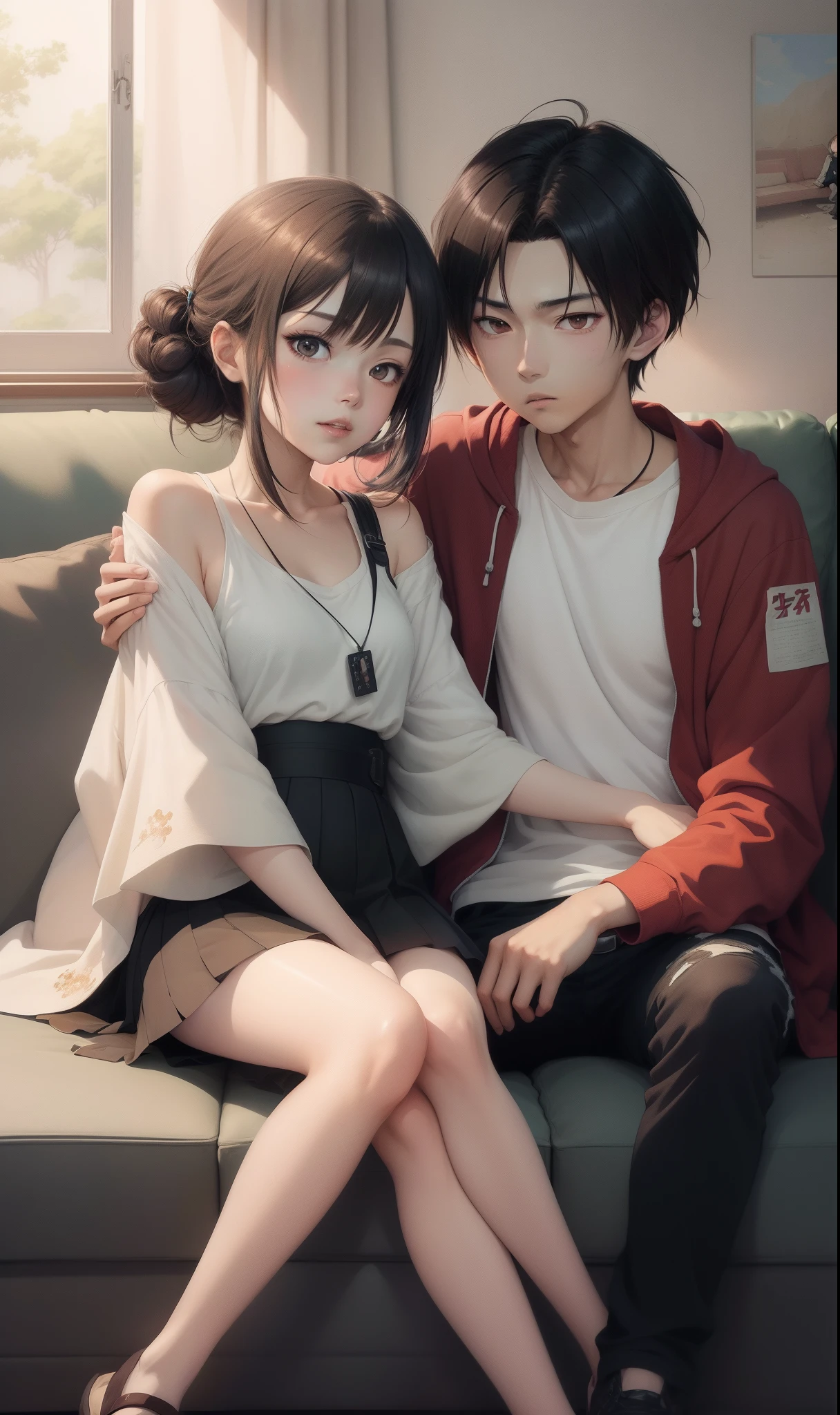 there is a woman and a boy sitting on a couch, a picture by Shingei, pixiv, shin hanga, hi - res scan, hi-res scan, with a kid, sitting on the couch, at pixiv, in anime style, sitting on the sofa, official art, made with anime painter studio, in an anime style, 8k!!