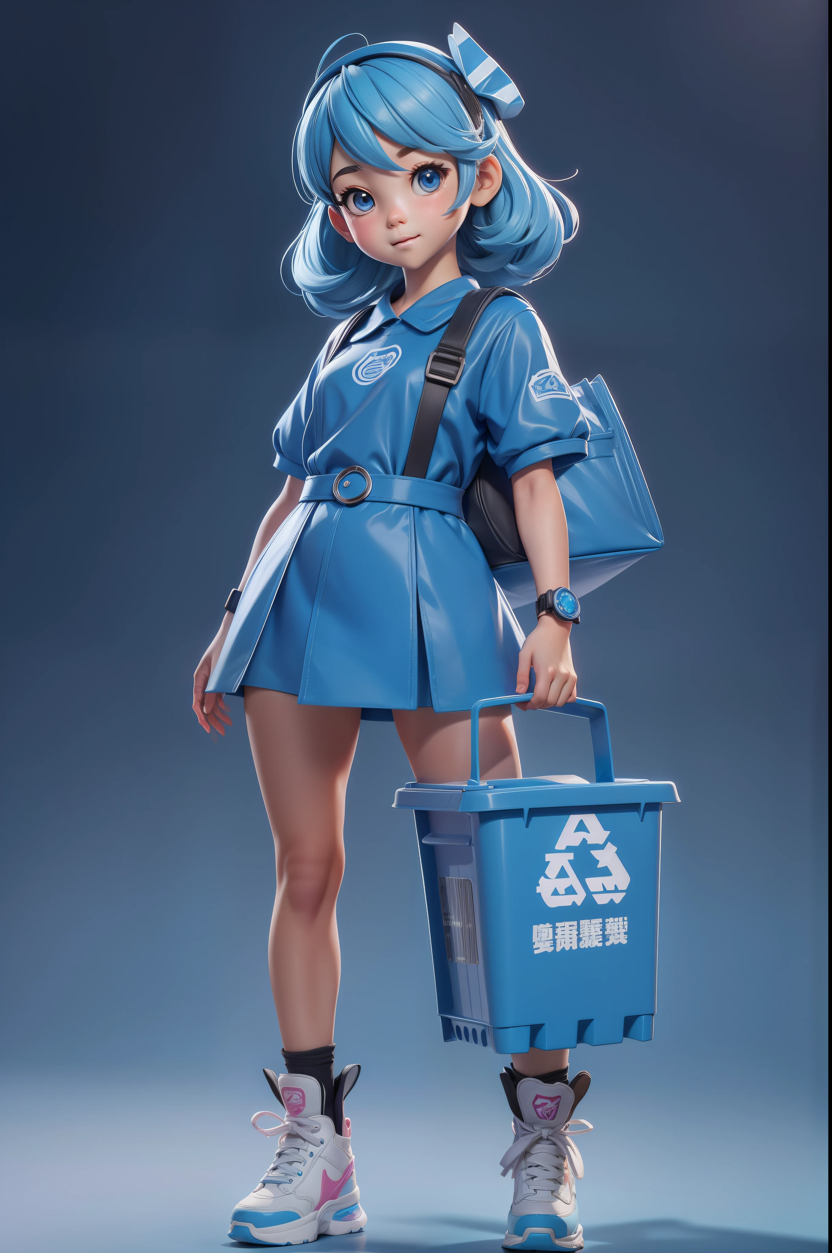 【Enhance shoe details】cute female child，Recyclables，Recyclable bins（personification）（human figures）（3D stereoscopic）（The color scheme is mainly the blue color of the recyclable bin）（Cute style illustration）Cute comic book style，Anime art concept art, Official illustration[Three-dimensional feeling][Lovely wind][Card ventilation][真实感]