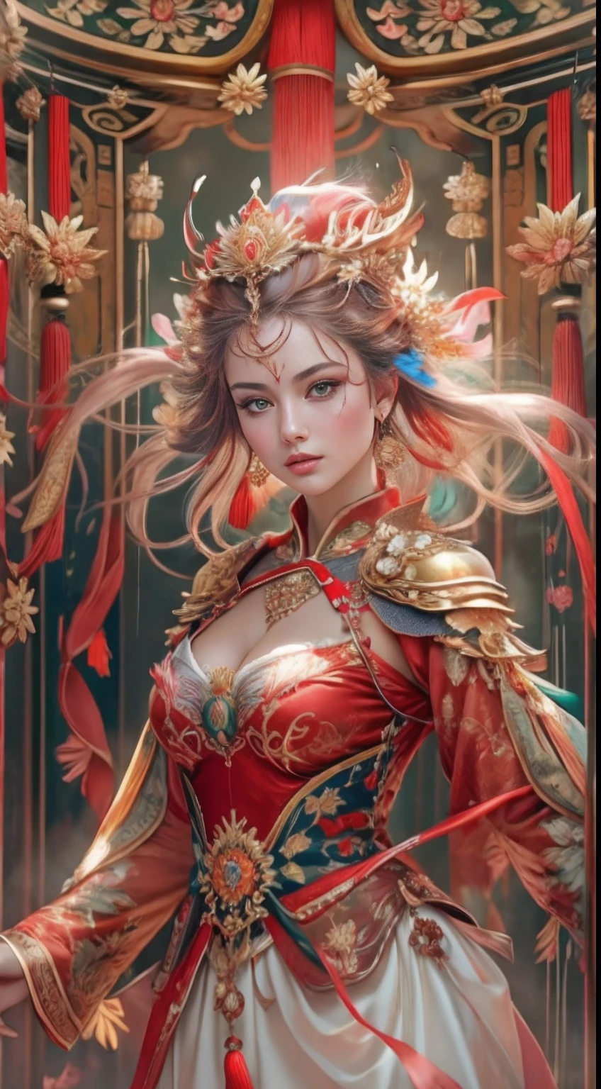 Best quality,Masterpiece,ultra-detailed high res,(Photorealistic:1.4),RAW photo,,illustration,
1girl dancing,Phoenix crown，Exquisite headdress，(Solo:1.2),(Cowboy shot:1.2),(Hair crown:1.2),Chinese gold red dress,No shoulder strap,(Red eyeliner:1.2), lace armour, Earrings,Dynamic Angle,opera house,Messy_Long_Hair,ink,Cinematic lighting,lens_flare,velvet,chrysanthemums,nipple tassels,ribbon,color embroidery,