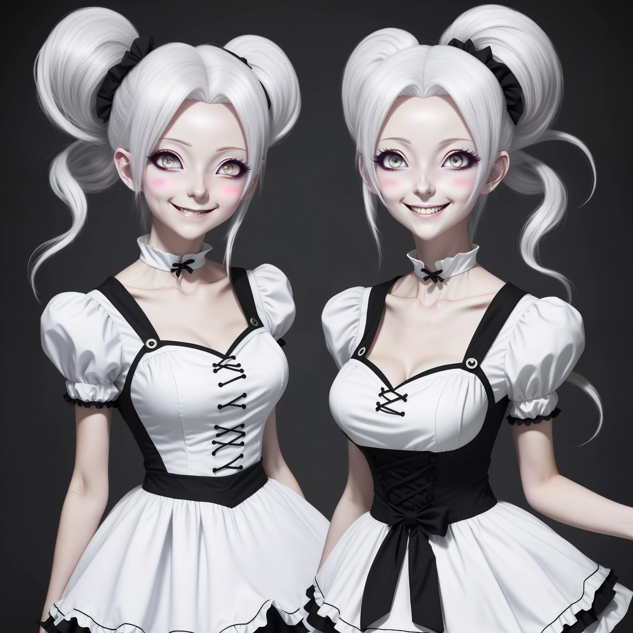 White haired, anime girl, tornado hairstyle, wearing maid outfit, smiling face, close eyes, blushing cheeks, slim, beautiful