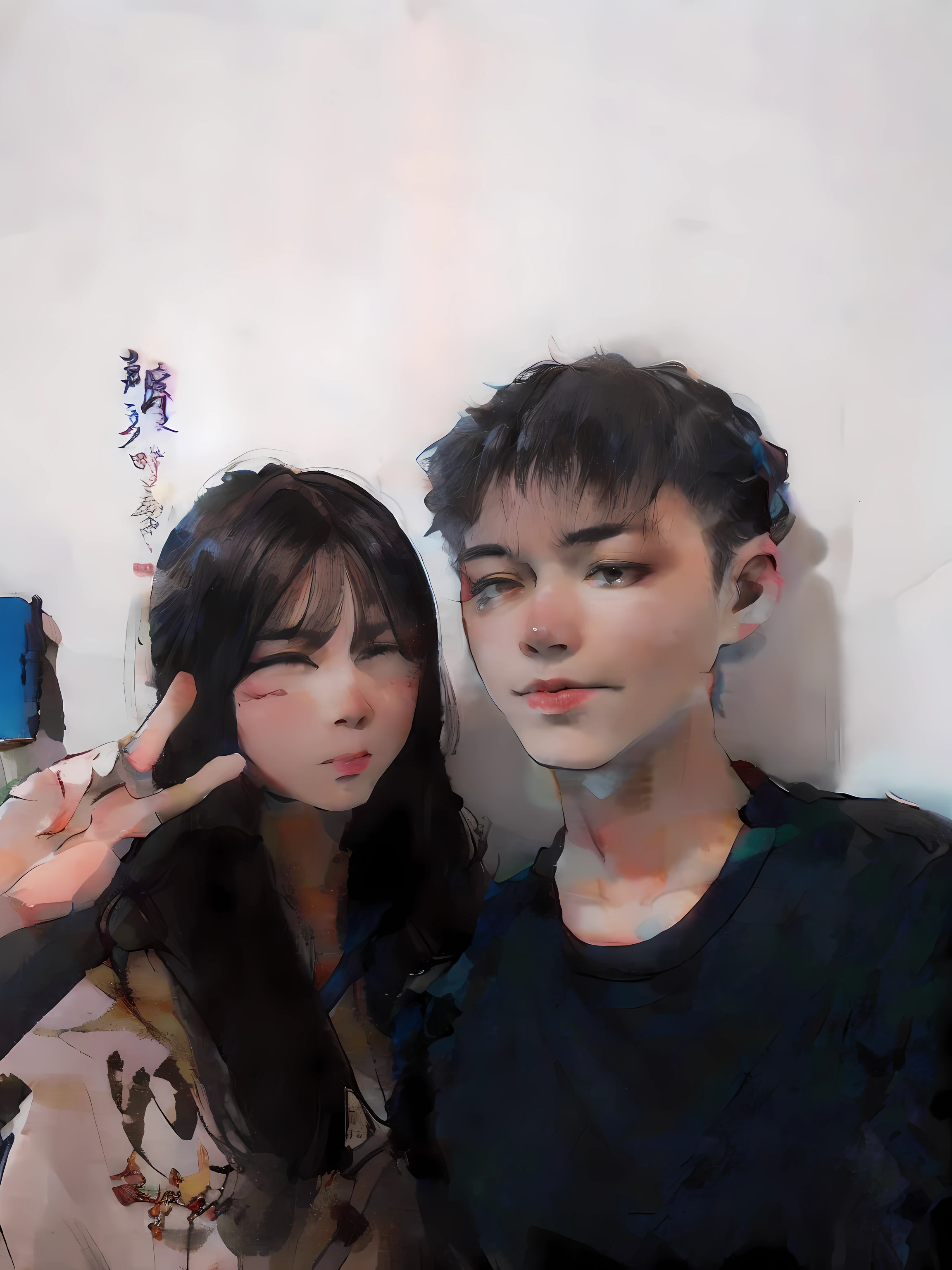 there is a man and woman posing for a picture together, Handsome boy,beautiful Girl,(tmasterpiece,best qualtiy:1.2),Tradition Chinese Ink Painting