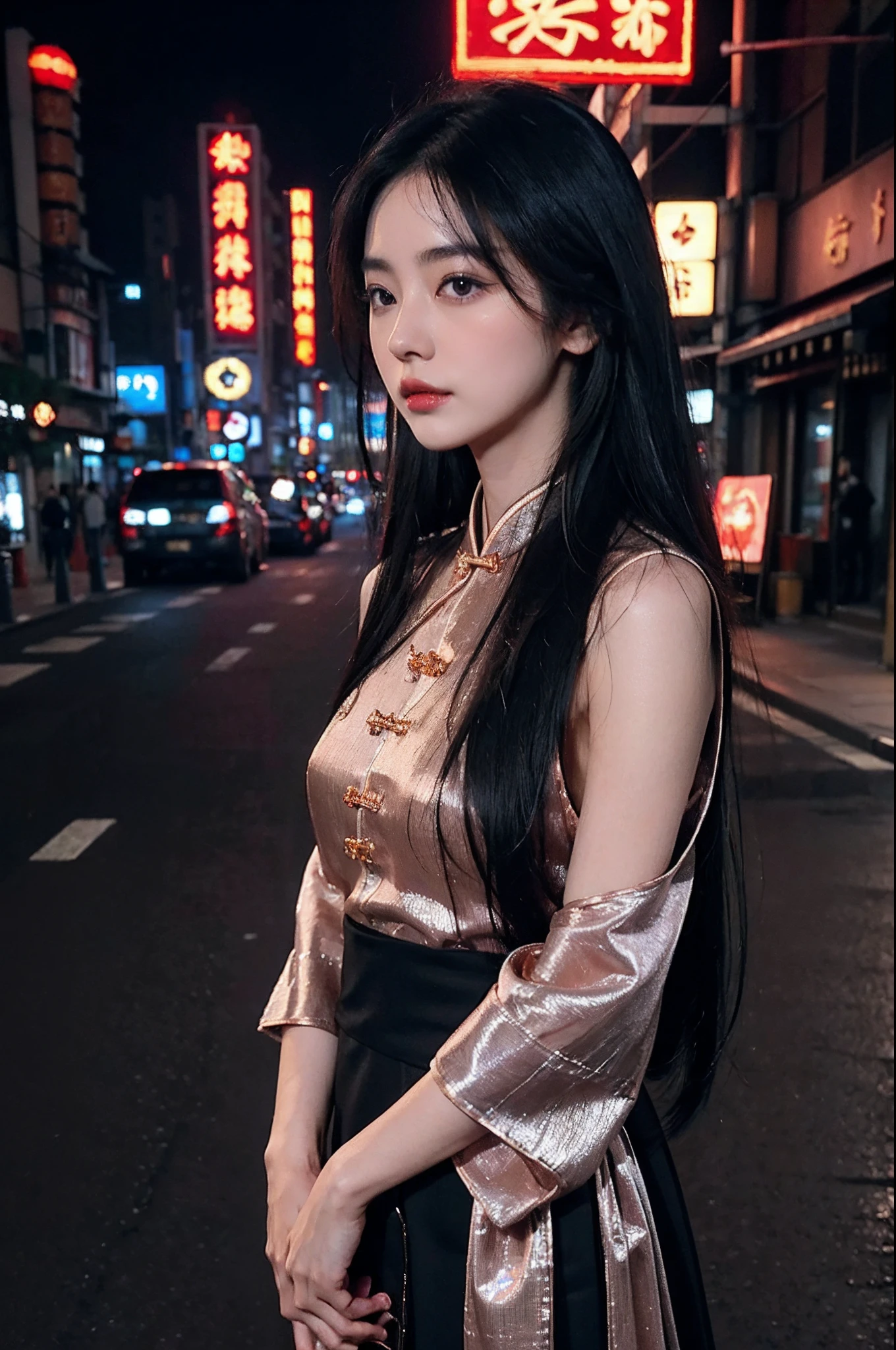 1girl,(rose gold/black/transparent chinese traditional clothing, long hair, black hair,hair reaches waist, upper body, cowboy shot,Tokyo street,night, cityscape,city lights,close-up, 8k, RAW photo, best quality, masterpiece,realistic, photo-realistic,