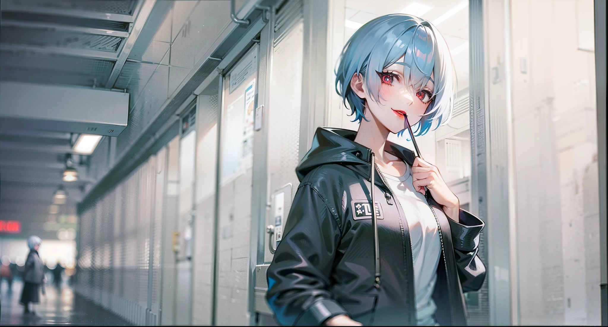 Anime image of a woman with light blue hair and a black jacket, A white shirt is worn under a black jacket，red lipstick on his mouth，Look at you with red eyes，Smile at you，Anime girl Rei Ayanami Majin, Leaning on the pillars of the subway，from evangelion