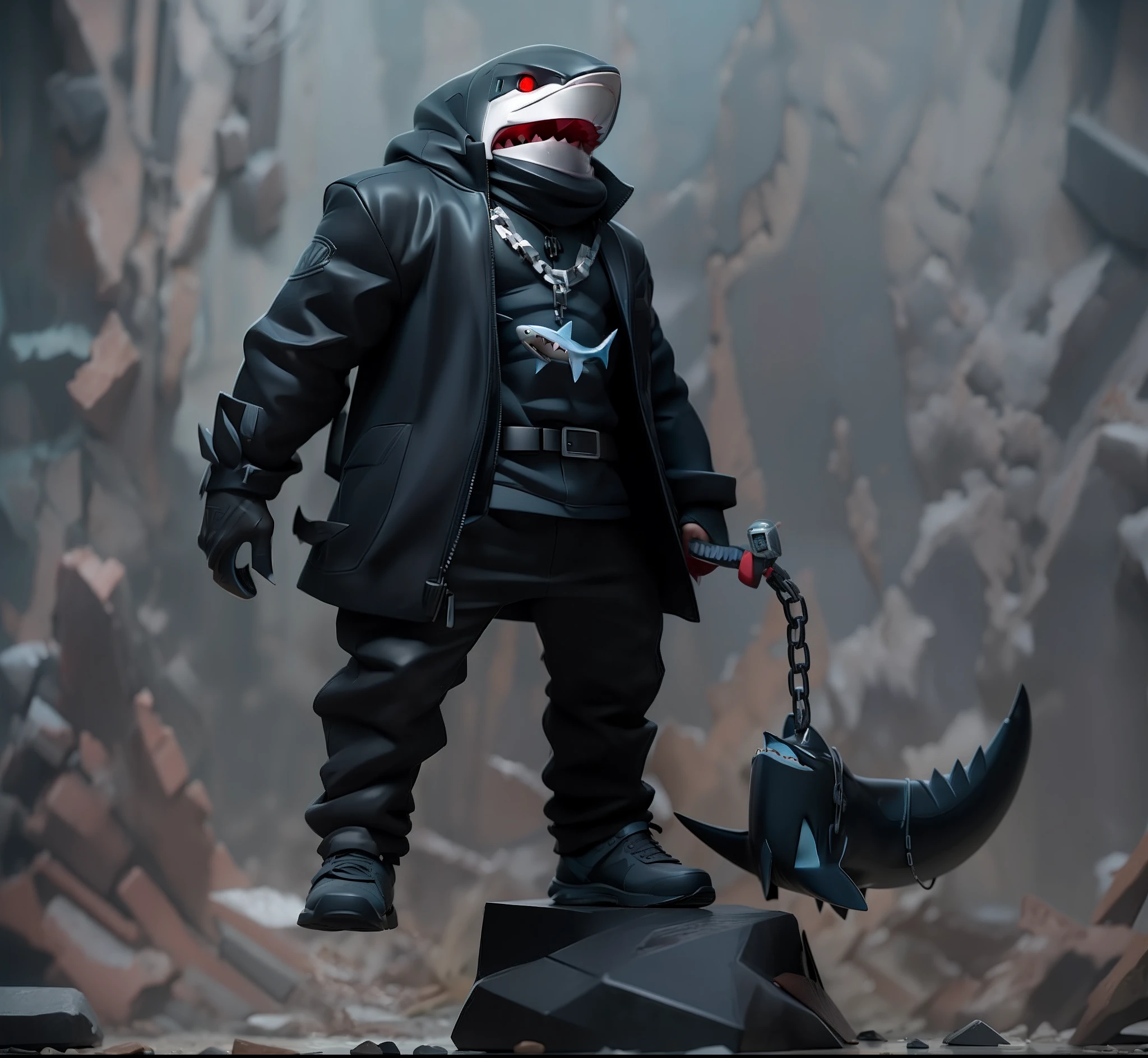 Standing alone、No background、Man with shark head、The ultra -The high-definition、(Middle-aged man)、loan shark、Cunning and brutal、Cold、Awe-inspiring Hall々、Provocative attitude、deadpan、cyberpunked、(Silver necklace and pendant)、Mare