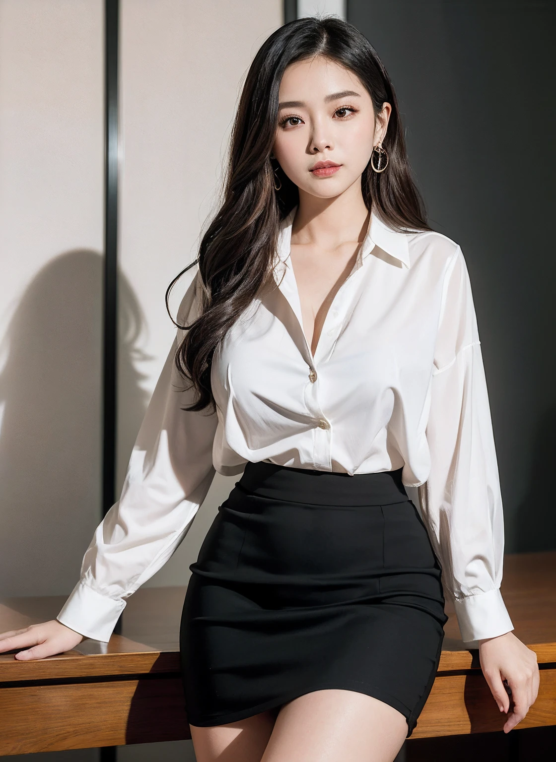 25 years old female, soio, A secretary, stunningly beautiful, (top-quality、8K、32K、tmasterpiece、NFFSW:1.3)、超A high resolution,(Photorealsitic:1.4),RAW photography, Detailed face,,Beautiful hair, White shirt,((Secretarial style)), thicc body, Tight skirts、 Natural makeup, Breast cleavage, Inside the office, Detailed background, Perfect lighting, depth of fields, Beautiful shadow gradient, ,