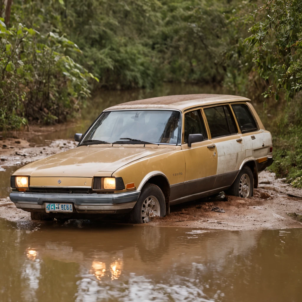 um carro em um estrada que fica no meio de um pantano 1 metro da agua do pantano , cheio de jacares . e crocodilos , todos famintos, Make jaracares and crocodiles