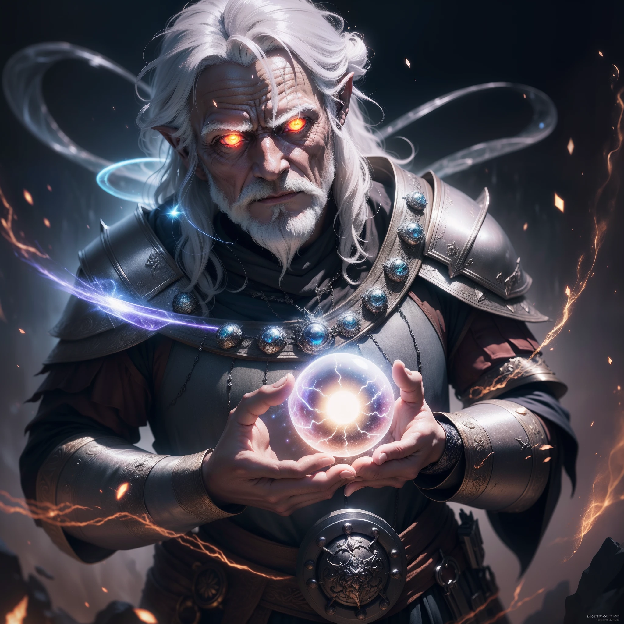 fantasy image, detailed photograph of an old man, wearing druid armor, ((glowing eyes)), ((ethereal glow of magic spells)) shiny metal parts, holographic glow, light particles, roses, hyper-detailed skin, defiant gauze shot on dslr camera, shot by MSchiffer, 32k resolution, best quality.
