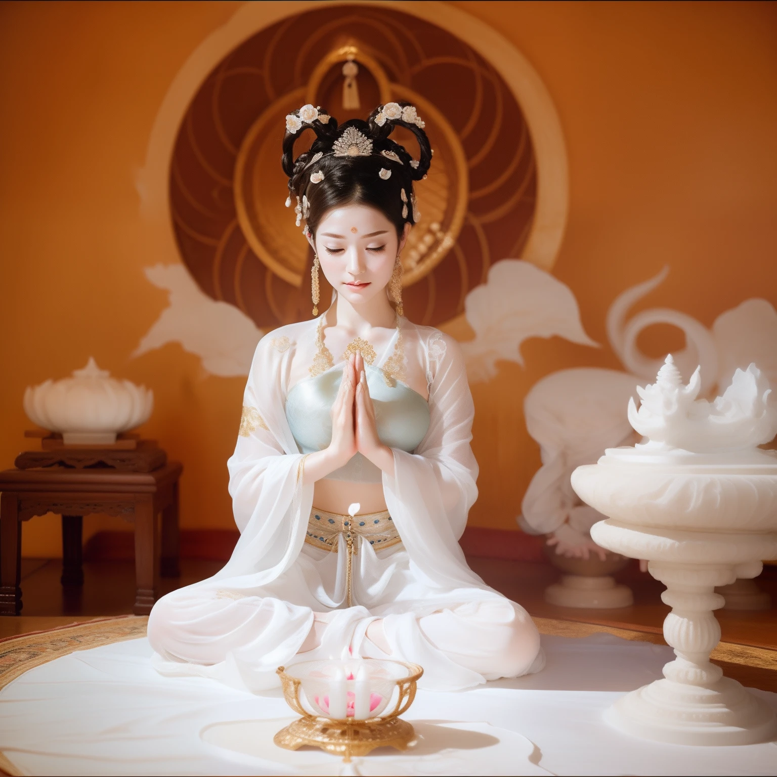 Sexy Zen concubine sitting on an altar meditating,(Yoga lotus sitting),(Complete,Delicate and good-looking face),(The whole body is soaked in milky white )