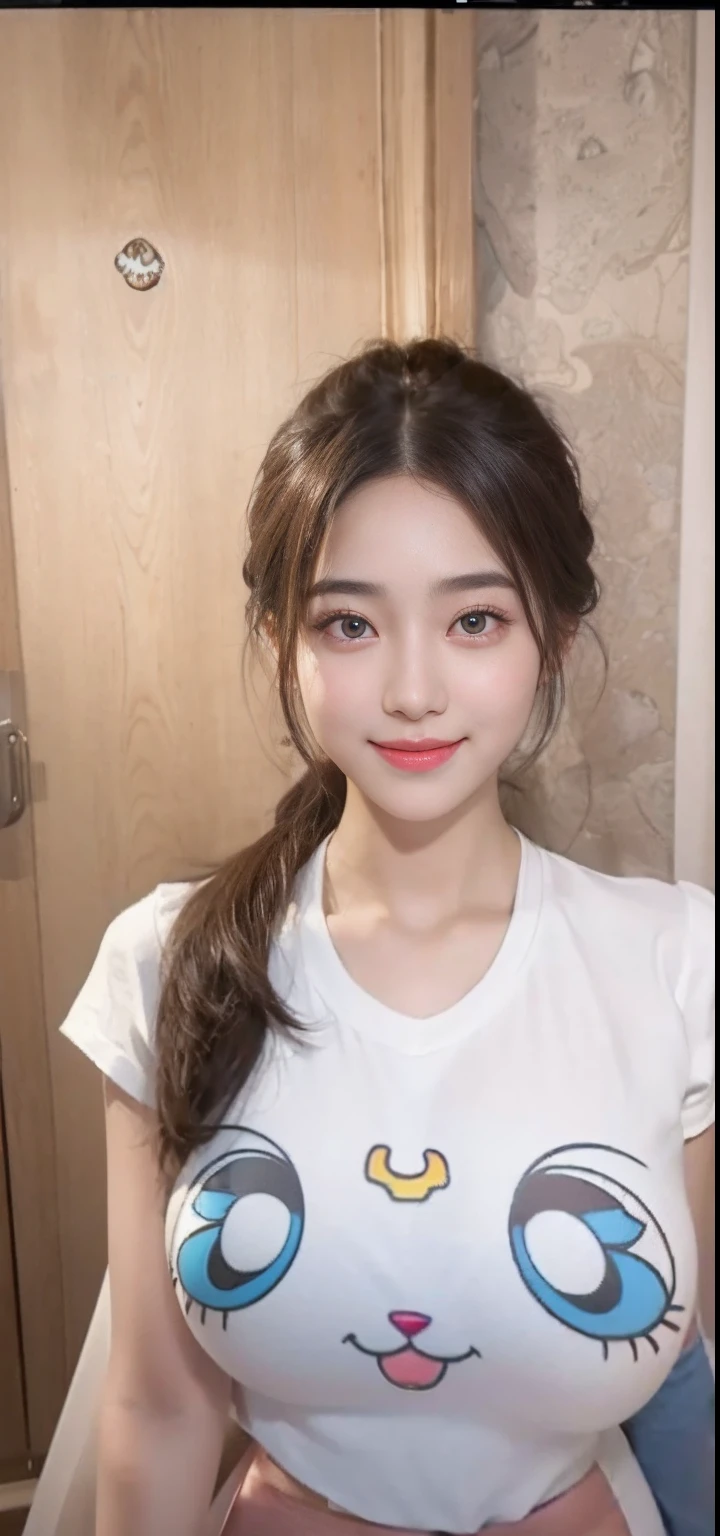 araffe girl with a white shirt with a cat face on it, young adorable korean face, wan adorable korean face, gorgeous young korean woman, dilraba dilmurat, with cute - fine - face, girl cute-fine-face, tzuyu from twice, beautiful south korean woman, young cute wan asian face, with round face, masterpiece, superdeformed, (((full body:1.3))), ultra high res, RAW photo, masterpiece, ultra detailed, 8k, full detailed hair, highres, best quality, ultra high res, ultra detailed face and eyes, (((photorealistic:1.4))), looking at viewer, (((smiling:1.2))), cute, (((large breast:1.7))), (((ray tracing:1.4))), ((((long legs:1.4)))), Best quality , masterpiece, large hip, Fully facial detailed, beautiful, ((very detailed of hair )) , (((16 years old:1.2))), thin lips, big eyes, highres, seducing, blue eyes , slim waist, 8k:1.2, 16k:1.2, highres, karol bak uhd, inspired by hajime sorayama, sensual gravure idol, buxom chested, panasonic lumix s pro 70mm