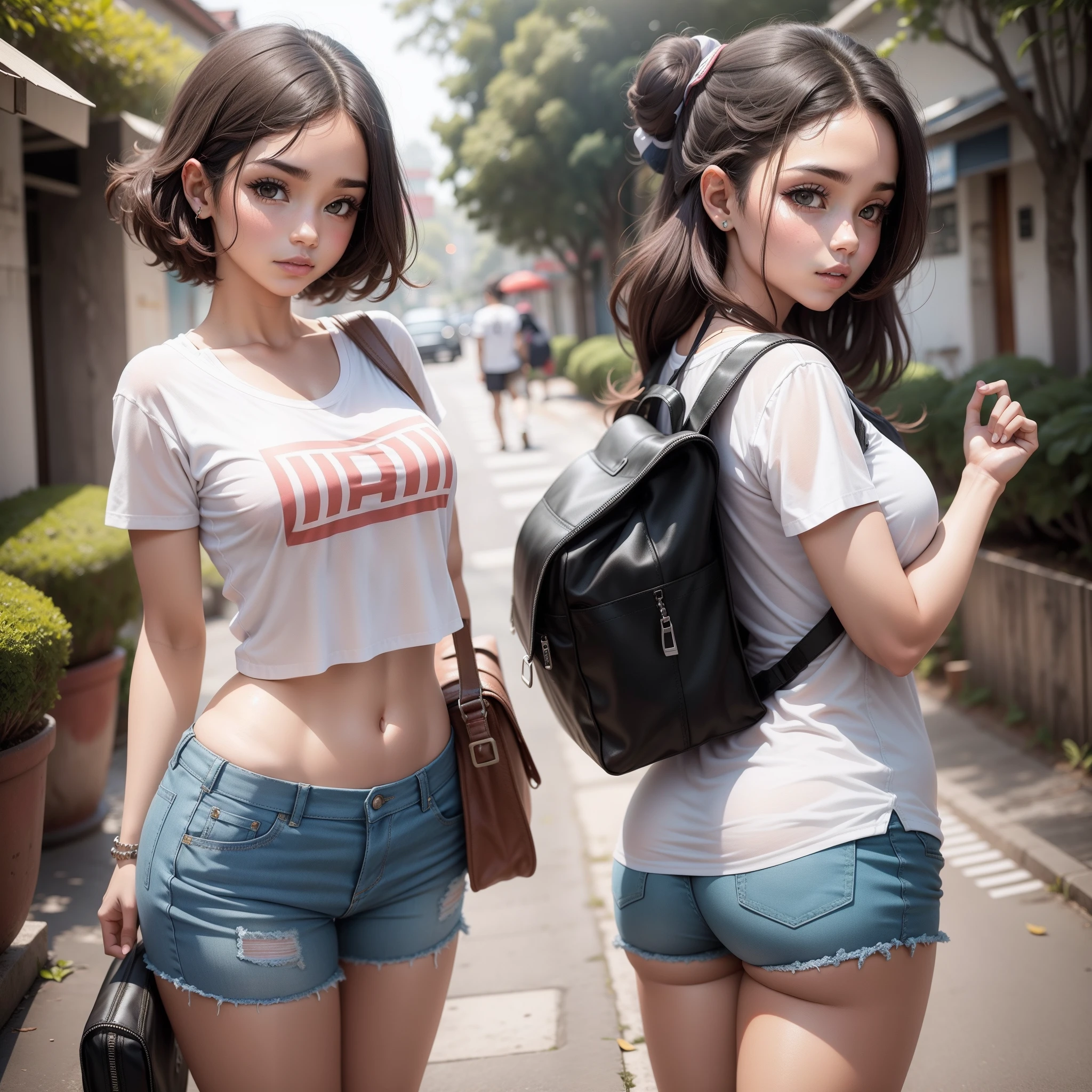 high quality, 8K, Realistic, correct anatomy, perfect proportions, 3D, Side view, Full body, Professional lighting, Best light, 1 beautiful girls, Narrow waist, Shorts, Bikini, 11 years old, Japan streetscape,