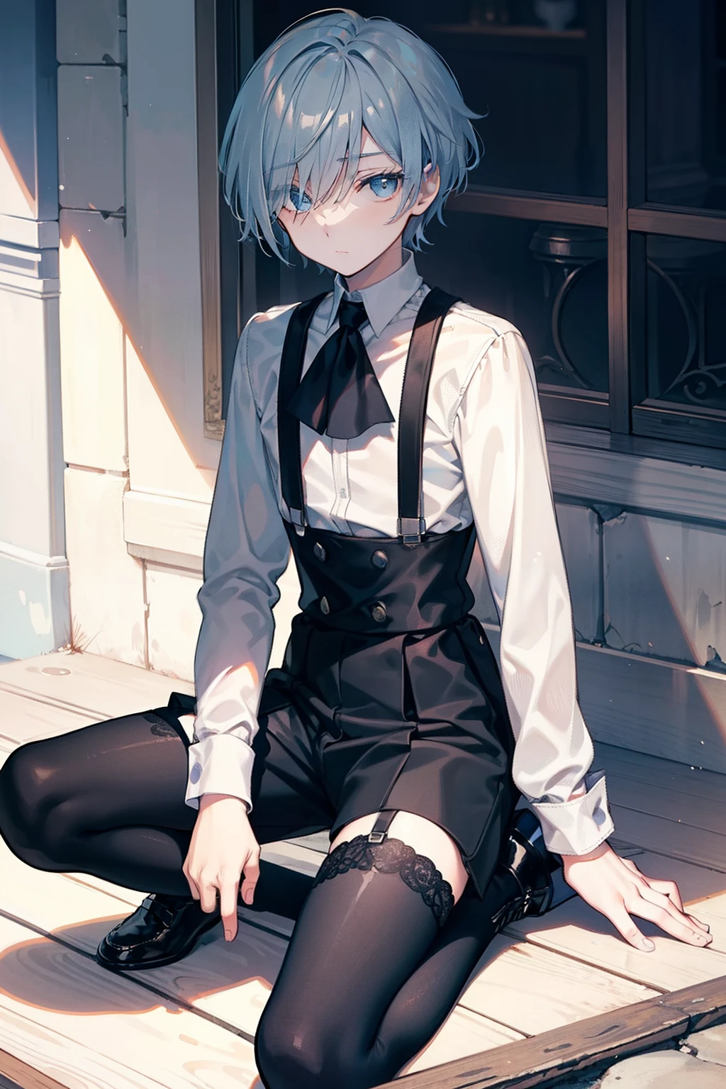 A teenager,Short flaxen hair,blue color eyes,Bangs cover one eye,Wears a white shirt with long lace trims on the cuffs with long sleeves,wearing black shorts,Wear suspenders and leather shoes,He wears black half-palm gloves on his hands,full bodyesbian,