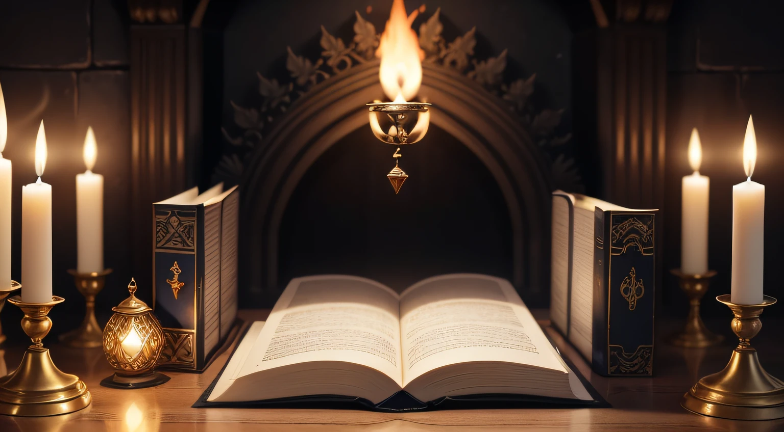 Describe a magical and enigmatic scene: diante de um altar meticulosamente arranjado, um livro antigo e empoeirado repousa aberto sobre um suporte de madeira ornamentado. The book is lighted softly by the flickering flame of several candles arranged in a semicircle around it. The flames dance in harmony with the magical atmosphere of the place, casting shadows that seem to take on a life of their own on the walls. The air is impregnated with the aroma of incense that burns slowly, enveloping the site in a fragrant mist. Candlelight reveals enigmatic symbols in the pages of the book, enquanto as palavras parecem ecoar suavemente no ar, carregadas de promessas de conhecimento ancestral e poder arcano.