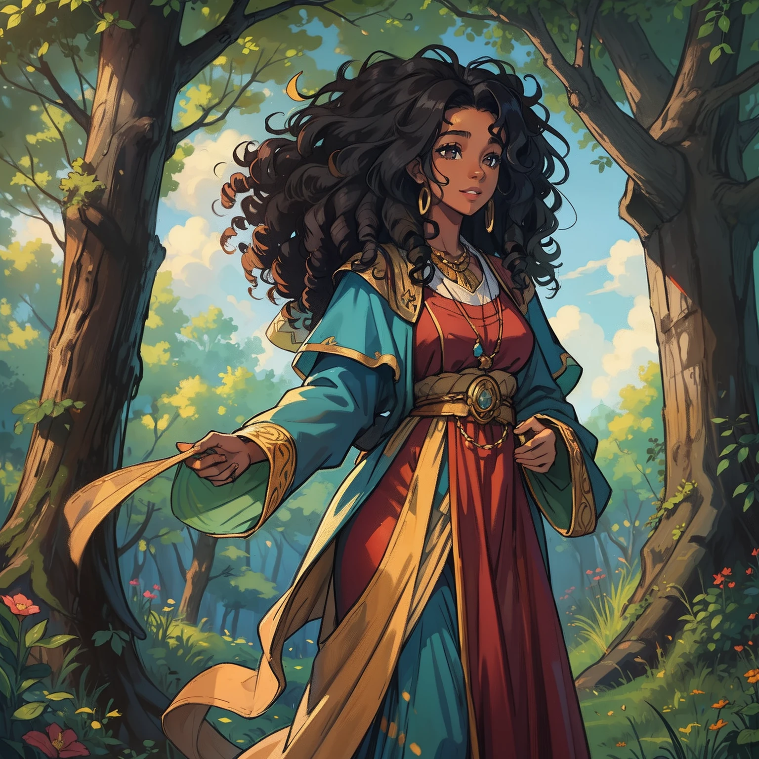 A woman A young teenage girl with long curly black hair curly curly curly curly like an African princess She has a gentle smile and a slim body Lolly She wears medieval clothes of a monk woman with monk robes and stands in the middle of a magical forest with blue sky