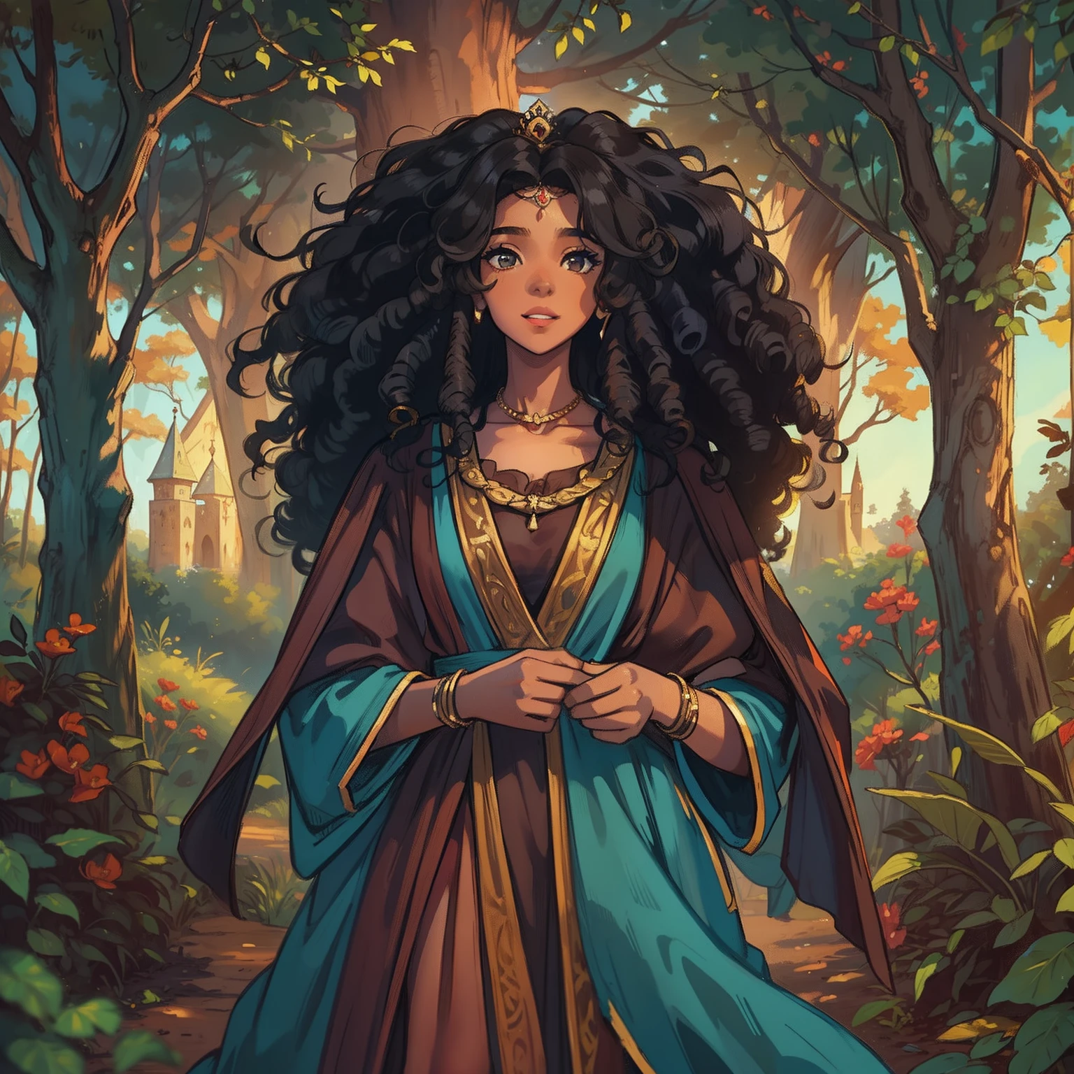 A woman A young teenage girl with long curly black hair curly curly curly curly like an African princess She has a gentle smile and a slim body Lolly She wears medieval clothes of a monk woman with monk robes and stands in the middle of a magical forest with blue sky