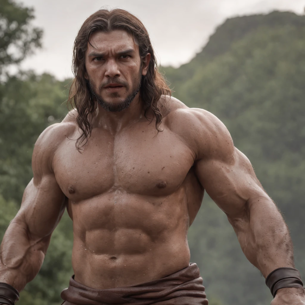 (Professional 3D rendering:1.3) de (Realistic:1.3) Foto de arte mais bonita do mundo,Features soft, bright male heroes, ((Epic hero fantasy rough muscular man wet hero angry look long hair short beard and fierce expression in dynamic pose, fantastic location, majestoso ambiente desordenado)), corpo inteiro 8k unidade render, action shot, poros da pele, very dark lighting, sombreamento pesado, circunstanciado, Rosto detalhado, (vibrante, fotogrdeia realista, Realistic, Dramatic, Escuro, foco nítido, 8k), (Old leather clothes damaged by bad weather:1.4), ((((Use peles)))), (intrincado:1.4), decadente, (altamente detalhado:1.4), pintura digital, rendering by octane, art stations, Conceito-Arte, liso, foco nítido, illustration, germe da arte, (Loish:0.23), Wlop Ilya Kuvshinov, e Greg Rutkowski e Alphonse Mucha Gracias, (global ilumination, studiolight, Light Volumetric), chuva forte, floating particles, patife, fantasia, Onze, corpo inteiroesbian, ((Fundo escuro e antigo da cidade:1.3)),CGSesociedade,art stations
