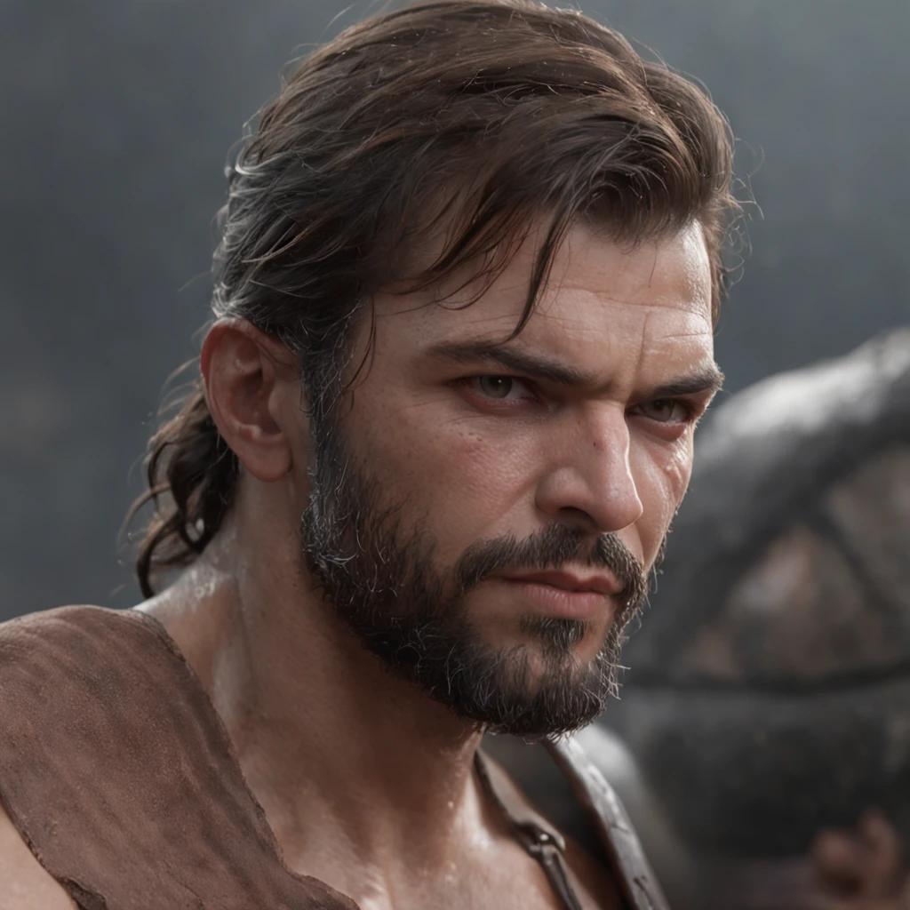 (Professional 3D rendering:1.3) de (Realistic:1.3) Foto de arte mais bonita do mundo,Features soft, bright male heroes, ((Epic hero fantasy rough muscular man wet hero angry look long hair short beard and fierce expression in dynamic pose, fantastic location, majestoso ambiente desordenado)), corpo inteiro 8k unidade render, action shot, poros da pele, very dark lighting, sombreamento pesado, circunstanciado, Rosto detalhado, (vibrante, fotogrdeia realista, Realistic, Dramatic, Escuro, foco nítido, 8k), (Old leather clothes damaged by bad weather:1.4), ((((Use peles)))), (intrincado:1.4), decadente, (altamente detalhado:1.4), pintura digital, rendering by octane, art stations, Conceito-Arte, liso, foco nítido, illustration, germe da arte, (Loish:0.23), Wlop Ilya Kuvshinov, e Greg Rutkowski e Alphonse Mucha Gracias, (global ilumination, studiolight, Light Volumetric), chuva forte, floating particles, patife, fantasia, Onze, corpo inteiroesbian, ((Fundo escuro e antigo da cidade:1.3)),CGSesociedade,art stations