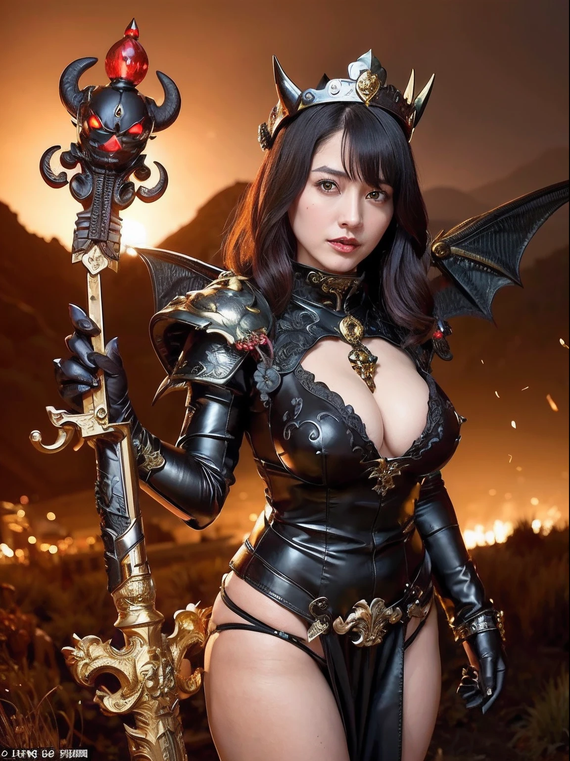 Professional , masterpiece、top-quality、photos realistic , depth of fields (Gemstone Black Metal Body:1.9),(Enamel Black、(cleavage of the breast)、(Chinese Dragon)、Dragon Gold Weapon(Dragon Metal Body:1.4),Gorgeous gold weapons ,(( Dragon's dense and gorgeous sword)) , 、blood splashing、 ,warhammer 40k , adepta sororitas,Detail and gorgeous crown、((Brown hair))、(The dragon)、(Castle background)、The dragon、((Gangle's forest background))、Beautiful Caucasian beauty、(1a person)、dynamic ungle,(((Detailed and ornate Black Devil Crown)))、Smaller head、A smile、Castle background、Thin and beautiful female hands、cleavage of the breast、Mystical expression、Light Effects、Wind-effect、magic circles、With the legendary magic wand、(demonic wings)、Toostock、