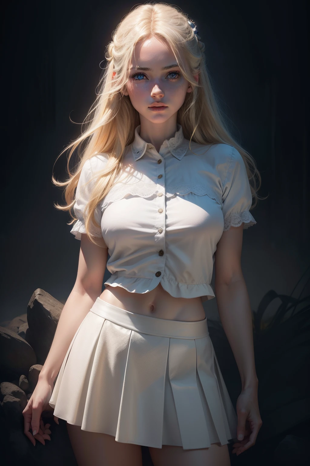 Best quality, masterpiece, ultra high res, (photorealistic:1.4), raw photo, 1girl, blonde hair, blue eyes, detailed eyes and face, white skirt, dynamic lighting, in the dark, deep shadow, low key, cowboy shot full-lenght body