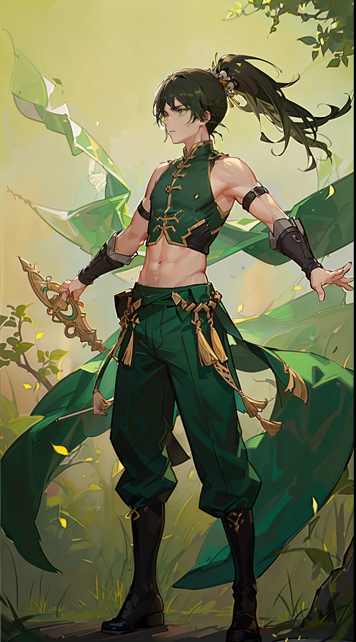 young boy, long dark green hair, high ponytail, Green eyes, Battle with Hanfu, Sleeveless, open belly, pants, Masterpiece, hiquality