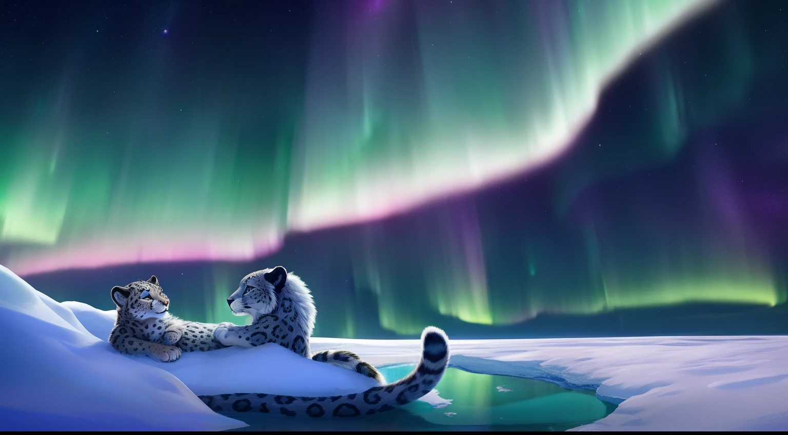 Furry Fur,Furry snow leopard,Lovely image,snow leopard,Cute furry,Lying on the ice,Beautiful aurora,Look at the aurora, Long, Fluffy tail,In the Arctic,The ship is brightly lit,Cubs,is in night,nigh sky, Winters,stars,Close-up of cute characters