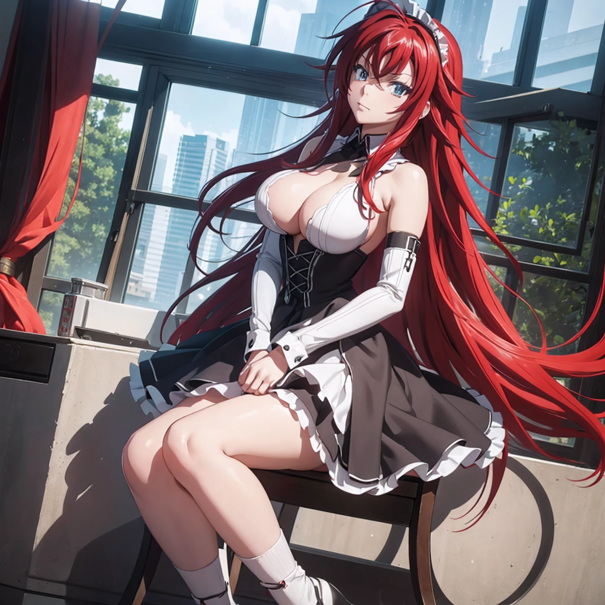 1 girl, solo, close_up, low_angle, Rias Gremory, android, robotic maid, maid_dress, low angle, smug pose, smug expression, large breasts, V-neck, boob window, leg fishnets