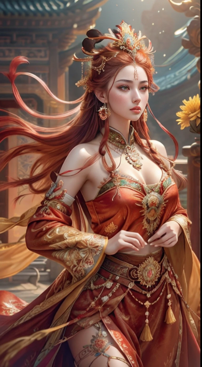 Best quality, masterpiece, ultra-detailed high resolution, (realistic: 1.4), original photos, illustrations,
1 Girl Holding Weapon, (Solo Exhibition: 1.2), (Denim Lens: 1.2), (Hair Crown: 1.2), Chinese Dunhuang Traditional Costume, No Straps, (Red Eyeliner: 1.2), (: 1.4), Earrings, Dynamic Angle, Opera House, messy_long_hair, Ink, Movie Lights, lens_flare, Velvet, Chrysanthemum, Tassels, Ribbons, Color Embroidery,