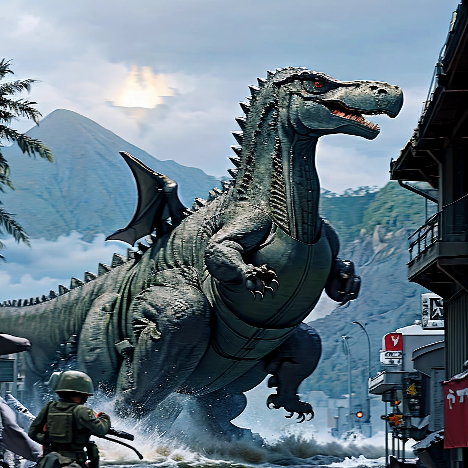 Godzilla was wearing a military uniform,Review the tank unit of Tyrannosaurus rex,and an infantry unit composed of pterosaurs,Prepare for war against the aliens