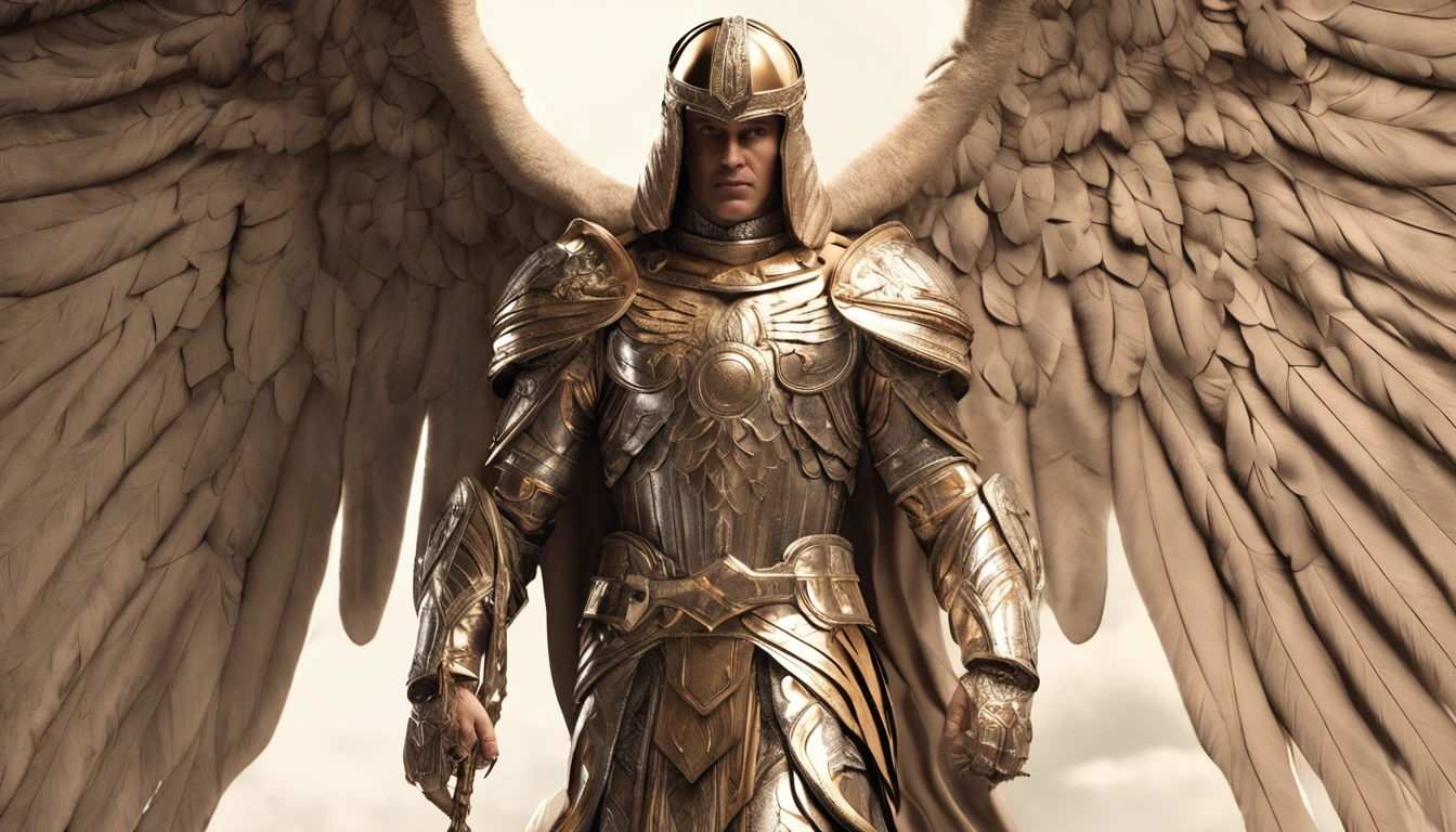 a Male character, the Archangel Michael, Celestial image, intricate details, realistic, BEIGE and large wings, Celestial background, Catholic illustrative image of the Archangel Michael, Male Character of the Bible, Michael is Wearing his Angelic Armor, Maximum details and his STRONG face and angelic wings, Perfect realistic skin, Maximum image quality, Miguel he is highlighted in the Image with strong and flashy colors.
