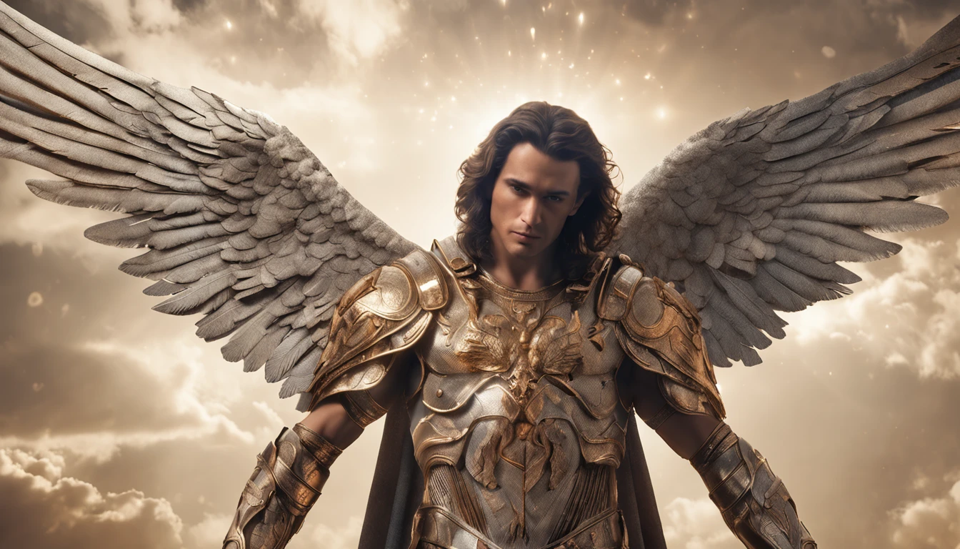 a Male character, the Archangel Michael, Celestial image, intricate details, realistic, BEIGE and large wings, Celestial background, Catholic illustrative image of the Archangel Michael, Male Character of the Bible, Michael is Wearing his Angelic Armor, Maximum details and his STRONG face and angelic wings, Perfect realistic skin, Maximum image quality, Miguel he is highlighted in the Image with strong and flashy colors.