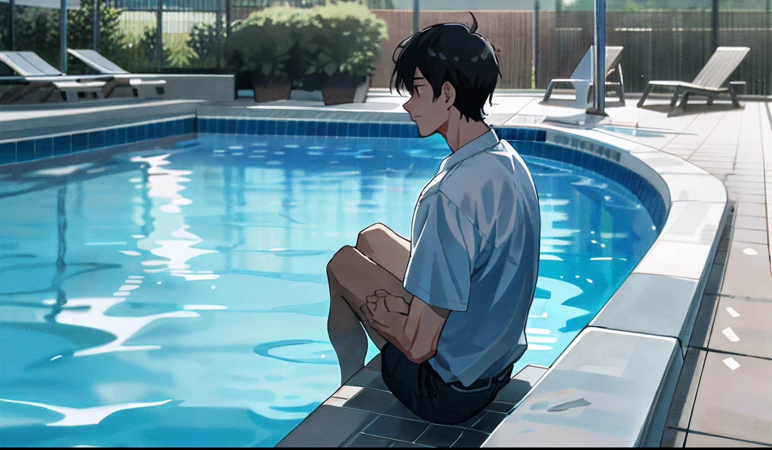 A cute boy, wearing white short sleeves in the pool, his figure is looming by the water. Wearing white briefs underneath and white socks on his feet, he looked very erotic --auto