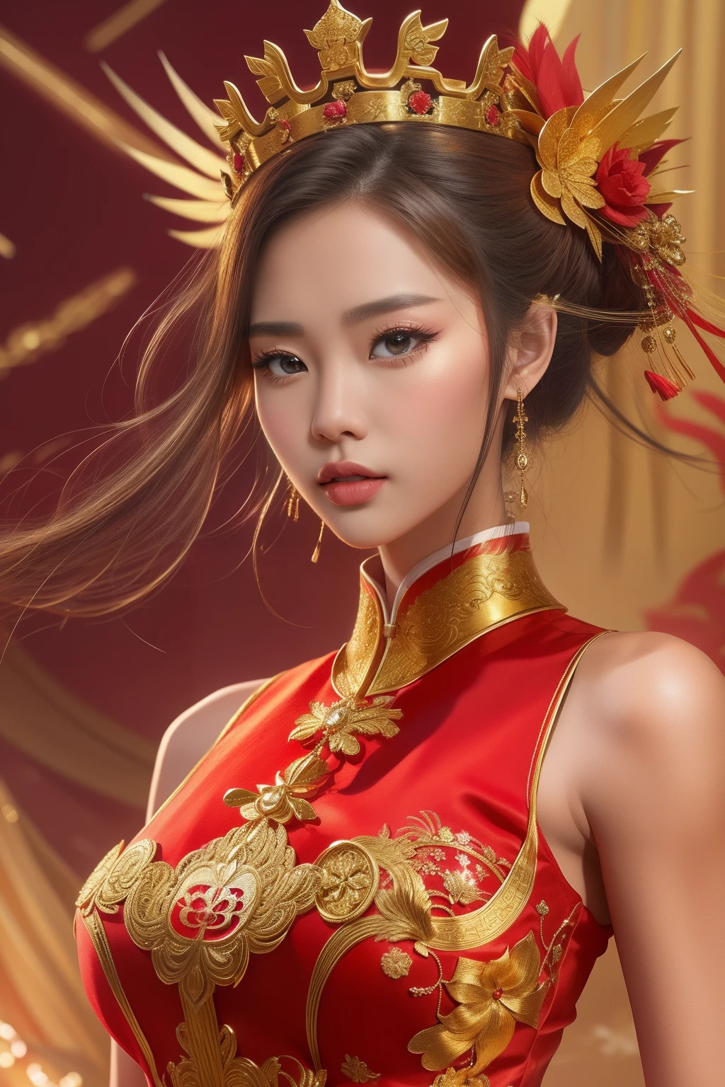ghibi of perfect woman in reddress golden details kinetic full body vexel art,Phoenix crown,a chinese wedding