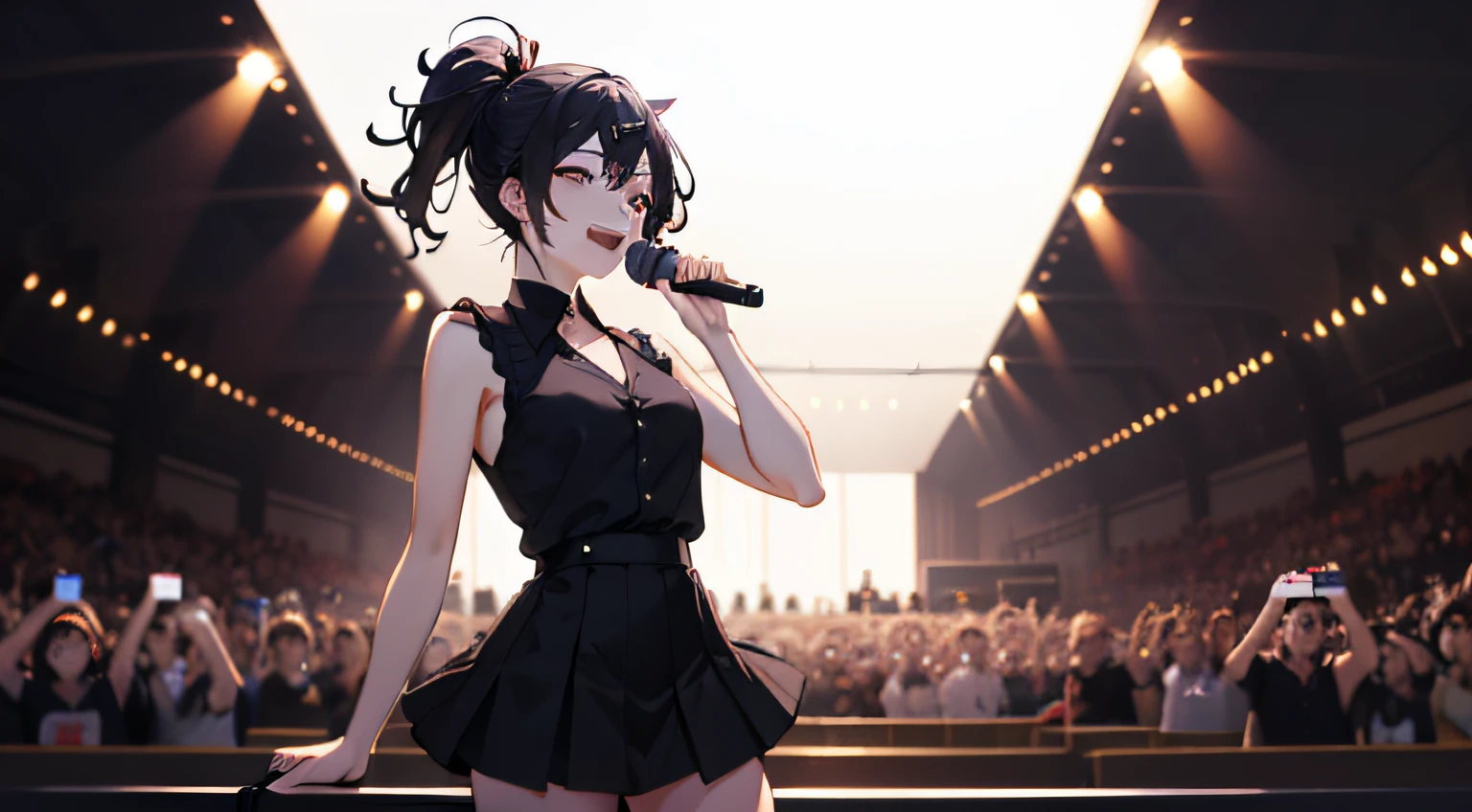 A female idol wearing a black dress and playing the drums., concert on stage, Lady Band Contest Winner,