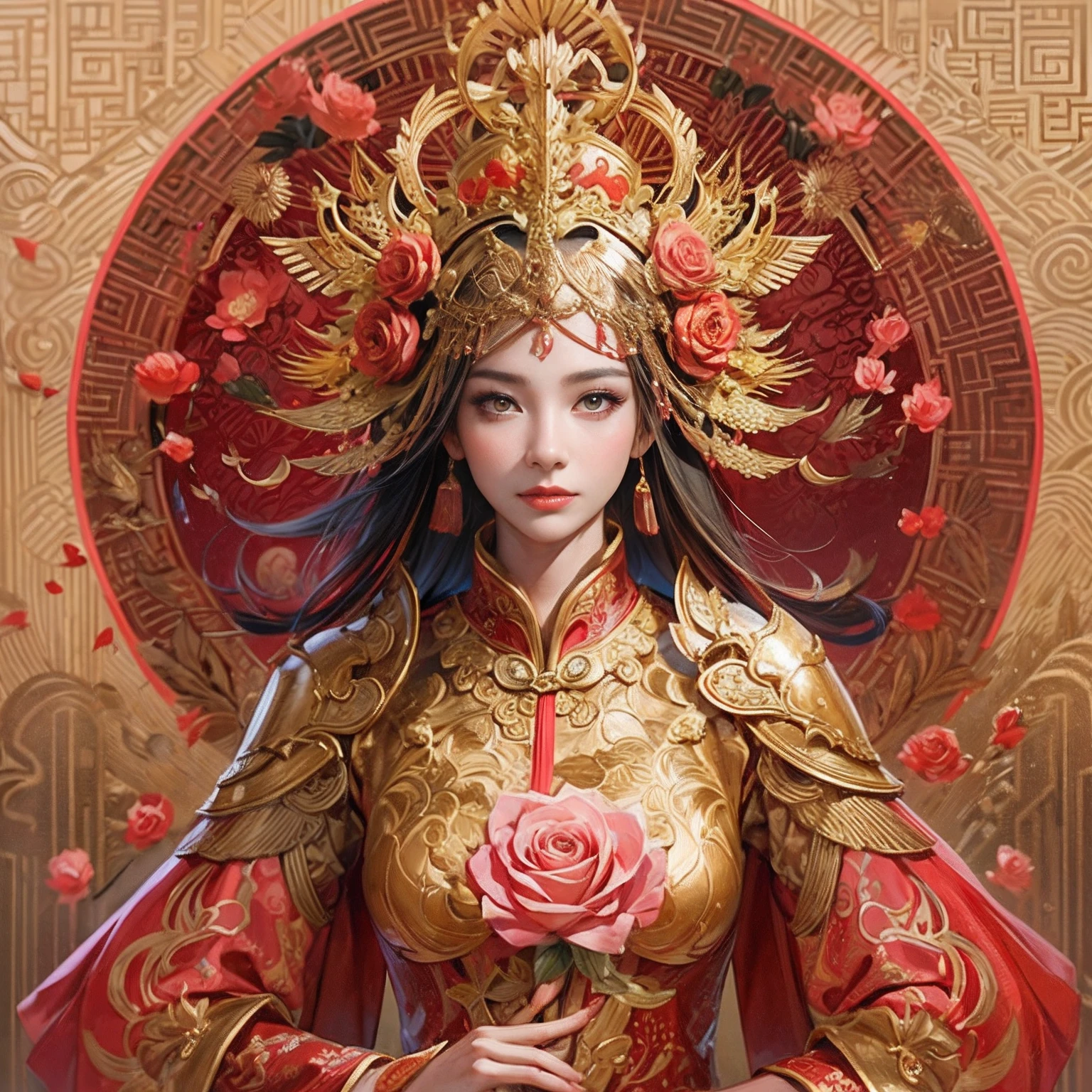 A woman in a red and gold Chinese dress,Phoenix crown,anatomy correct, (Exquisite helmet),Delicate pattern,Oriental elements,Ink painting style, Clean colors,Pink rose space, Soft lighting, ( Bokeh),Masterpiece, Super detailed, Epic composition, Highest quality, 16k,
