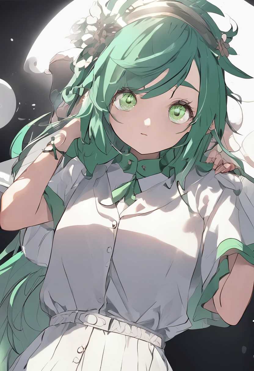(Masterpiece), (Best quality), sharp-focus, (CharacterDesignSheet, ((Green eyes, Beautiful eye shape)), ((Blue hair shape)), (Simple background, White background: 1.3)