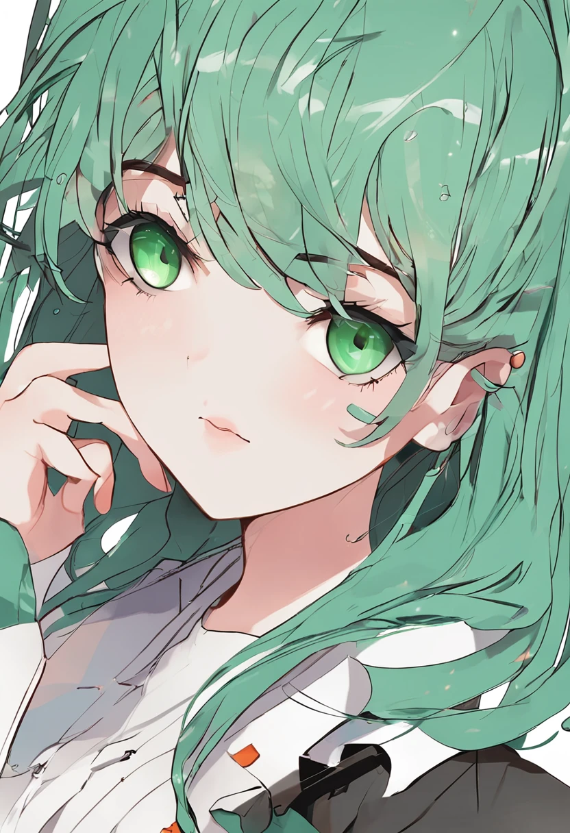 (Masterpiece), (Best quality), sharp-focus, (CharacterDesignSheet, ((Green eyes, Beautiful eye shape)), ((Blue hair shape)), (Simple background, White background: 1.3)