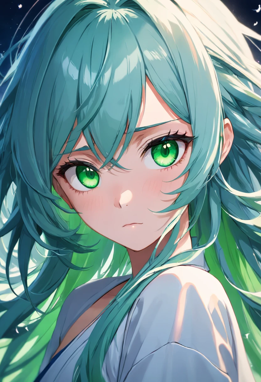 (Masterpiece), (Best quality), sharp-focus, (CharacterDesignSheet, ((Green eyes, Beautiful eye shape)), ((Blue hair shape)), (Simple background, White background: 1.3)