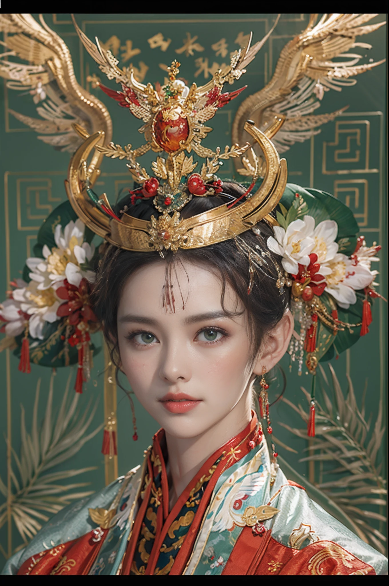 (((tmasterpiece))).(sportrait:1.3,)Palace,Hanfu groom,Golden Phoenix Crown,(Pearl cloud shoulder),Pearl tassels,Red and green hanfu,Solemn,(orthofacial),A handsome man,Beautiful facial features,Smooth and delicate skin,skin detailed,(He wears a phoenix crown on his head,Wearing red and green Chinese clothing,)k hd,higher details,movie picture quality,