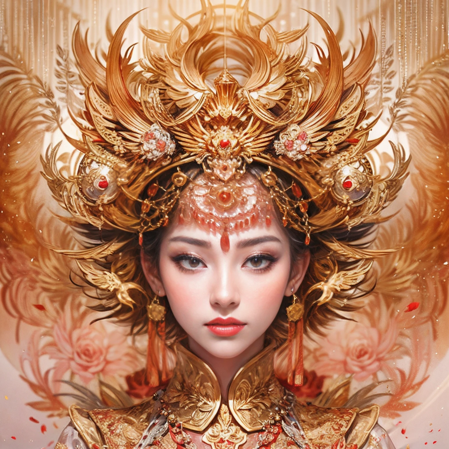 A woman in a red and gold Chinese dress，Phoenix crown,??????? correct, (Exquisite helmet)，Delicate pattern，Oriental elements，Ink painting style, Clean colors,Pink rose space, Soft lighting, ( Bokeh)，Masterpiece, Super detailed, Epic composition, Highest quality, 16k，