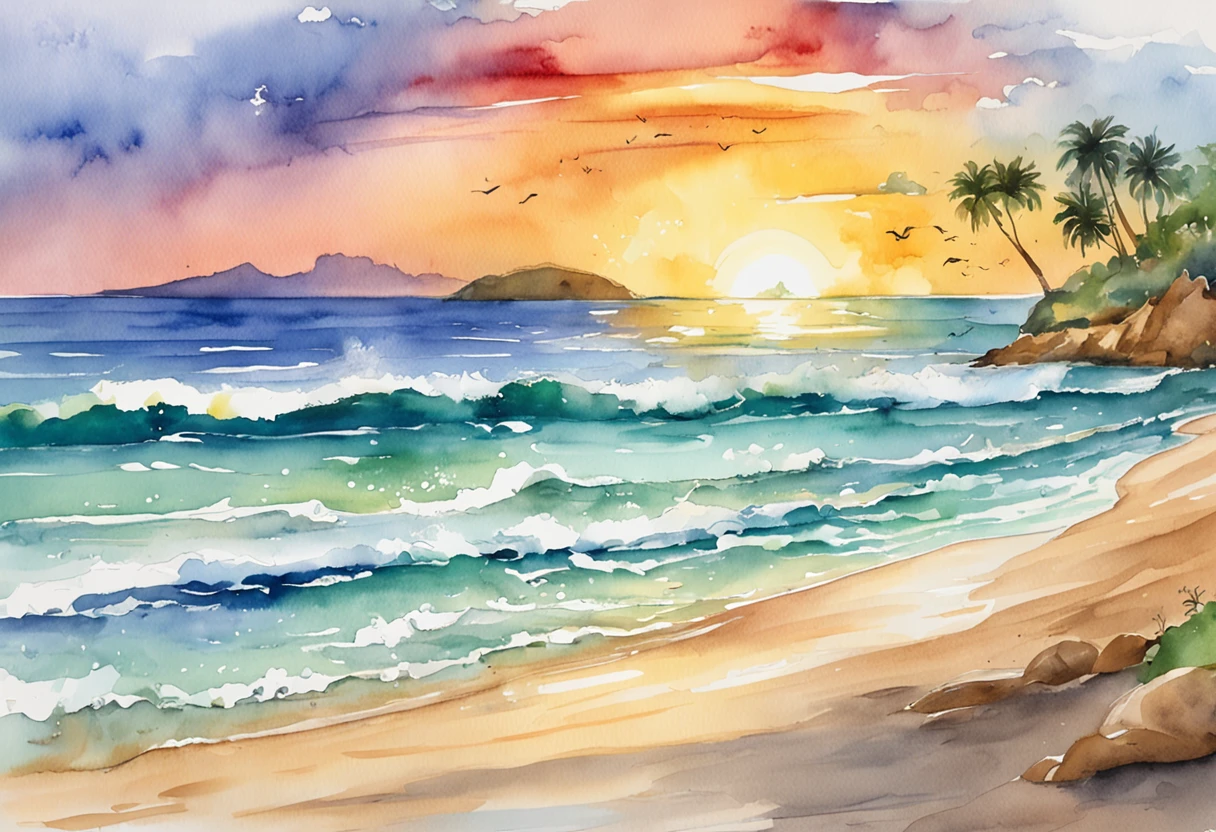 Pixar-style minimalist vector image of a beautiful tropical island sunrise, a secluded beach with small waves splashing softly on the beach, and an open view of a calm emerald ocean, the sun breaking the horizon with rays of rainbow colors softly permeating the sky