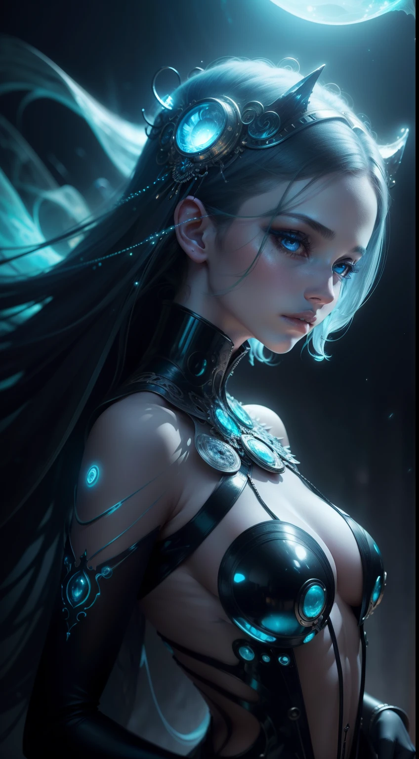 Mesmerizing Otherworldly Surreal Mechanoluminescent Fashion, Stunning Fashion Photography, In the style of detailed Atmospheric Pensive Poses, Optics, Translucent, Elegant, National Geographic Photo again a Blurred Futuristic Background