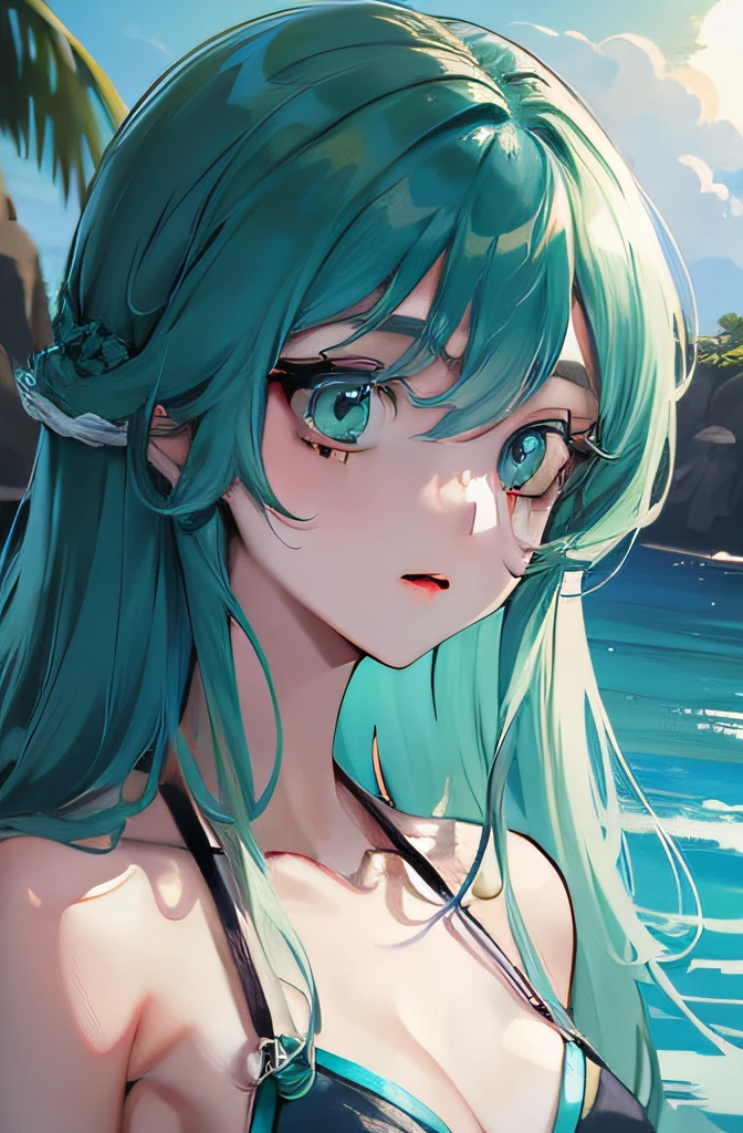 blue hair, green hair, long hair, girl swimming in the sea, bright green eyes, beautiful face, very cute, mystic, hair in the water, sea at night