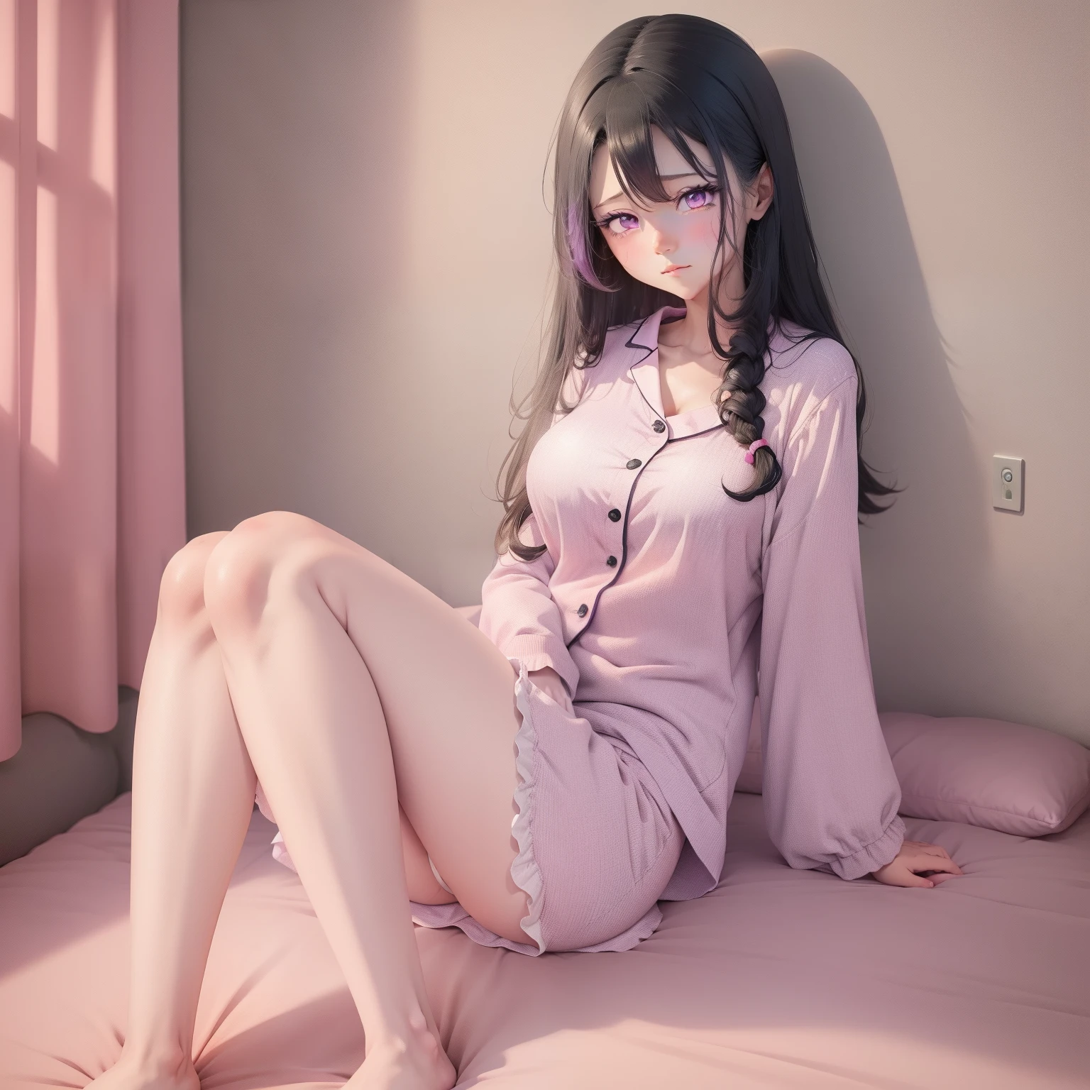 anime big breast，the girl with black hair，Purple eye，There is a heart-shaped pattern in the eyes，Wear light pajamas and white pantyhose，No shoes on，Lie flat on a pink bed