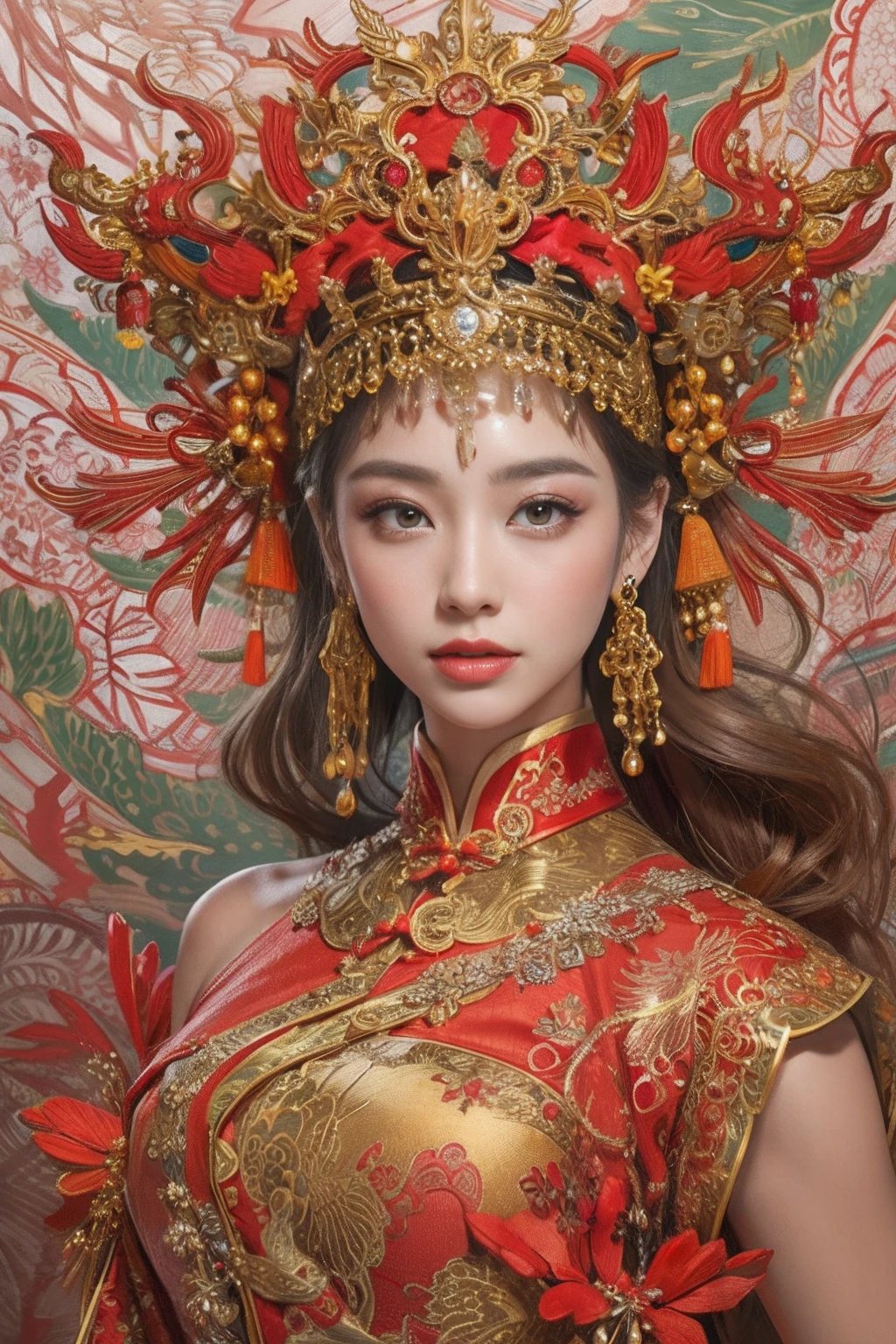 A woman wearing a red and gold Chinese dress,Phoenix crown,a chinese wedding,(tmasterpiece,top Quority,best qualtiy,offcial art,Beauty and aesthetics:1.2),(1girll:1.3),The is very detailed,(s fractal art:1.1),Most detailed,( zentangle:1.2), full bodyesbian, (abstract backgrounds:1.3), (Shiny skin), (many color:1.4), ,(Earrings), (feater:1.5),